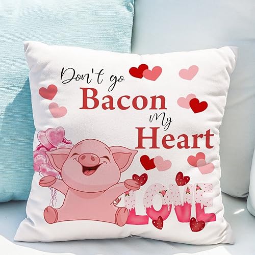 Miniatura 5 de Cojín de almohada rosa y rojo con globos de amor, funda de almohada de cerdo de animales de granja, Don't Bacon My Heart Farm Pig, fundas de