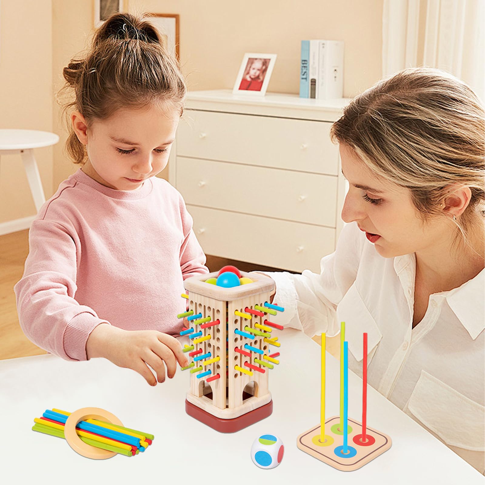 Falafoty Montessori Wooden Stick Game for Kids Adults 32 Colorful Sticks Dice Game Math Educational Toy,Fine Motor Skill Toy & Logical Thinking - Image 3