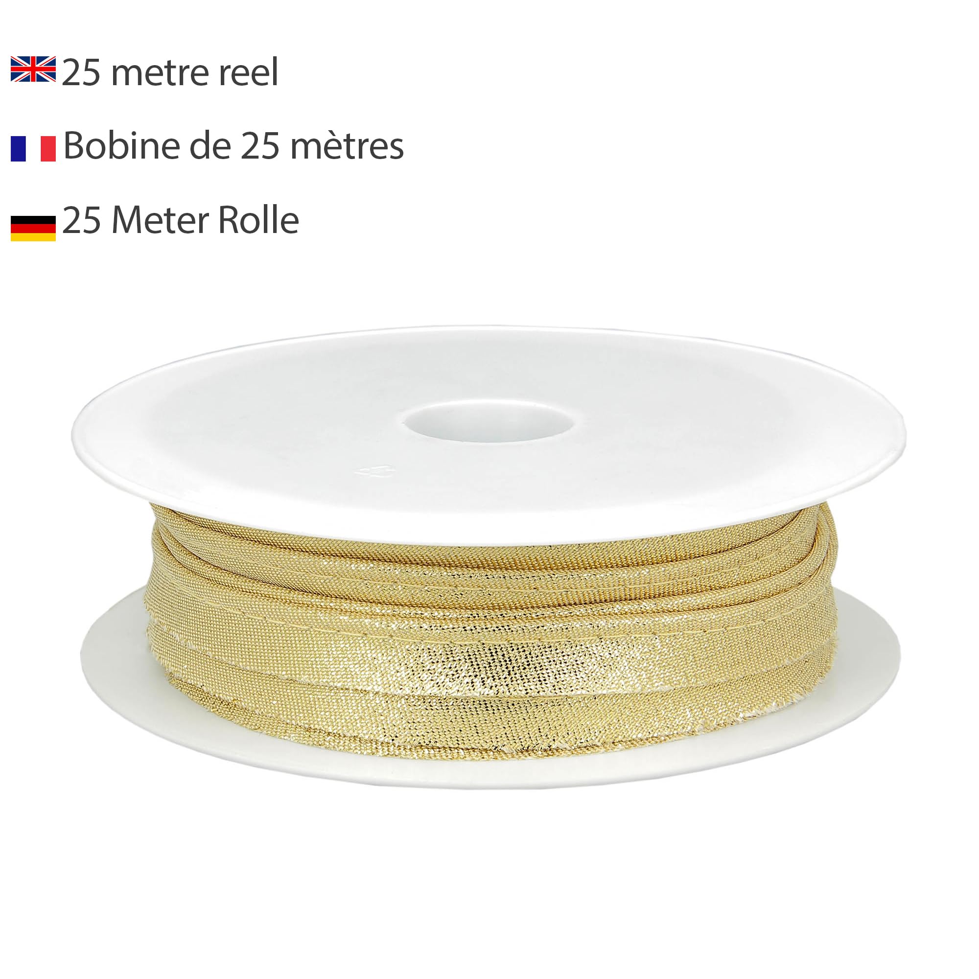 Metallischer Paspelfaden – 10 mm breit, 25 m Rolle, 80% Polyester, 20% Lurex, Kanten zum Nähen, Banner, Polster, Möbel, Paspeln, Kleidung, Decken, Gold