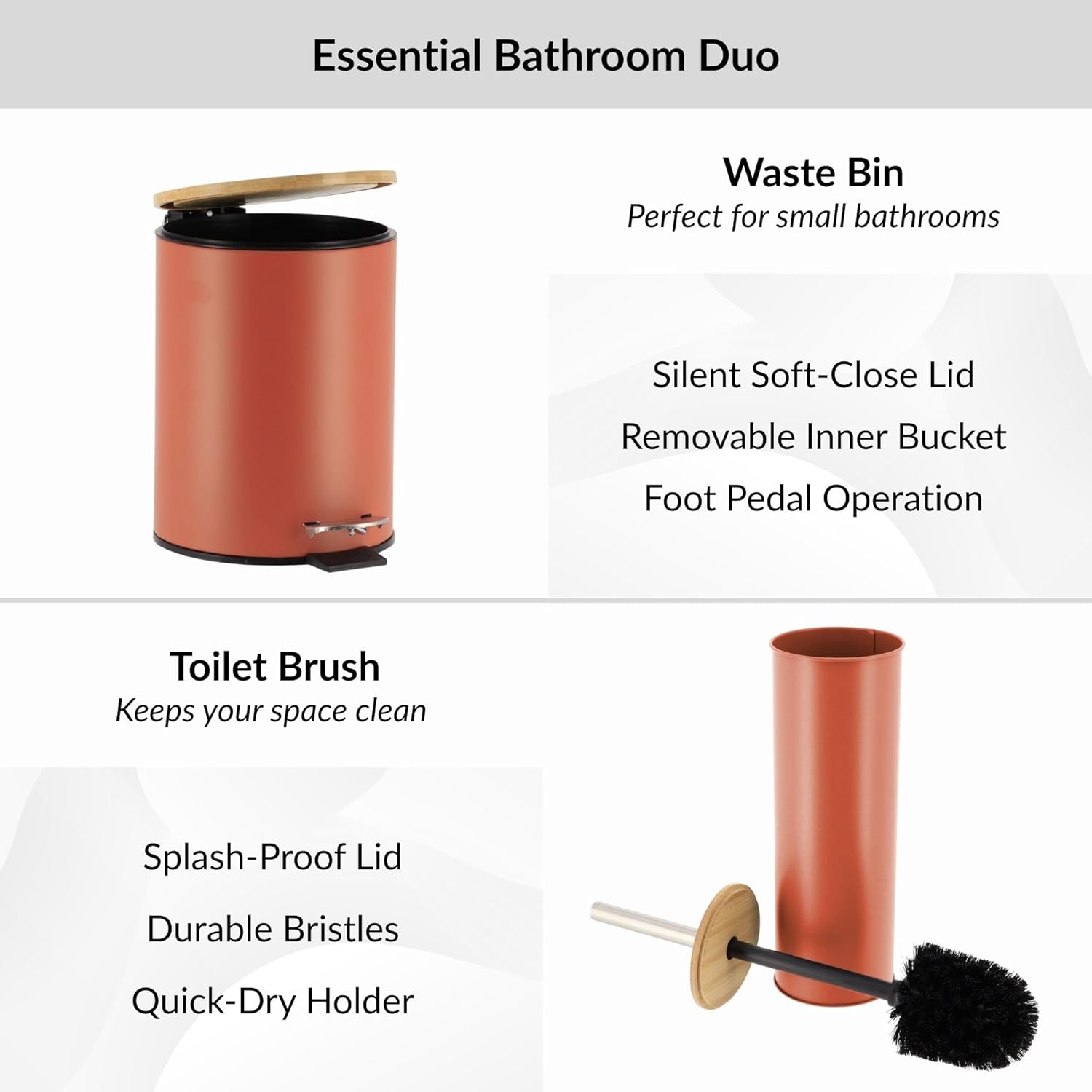 Terracotta Bathroom Set with Bamboo Lid - Matte Metal Trash Can and Toilet Brush, 2.5L Bin with Foot Pedal, Quick-Dry Brush Holder - Compact Set for Small Spaces