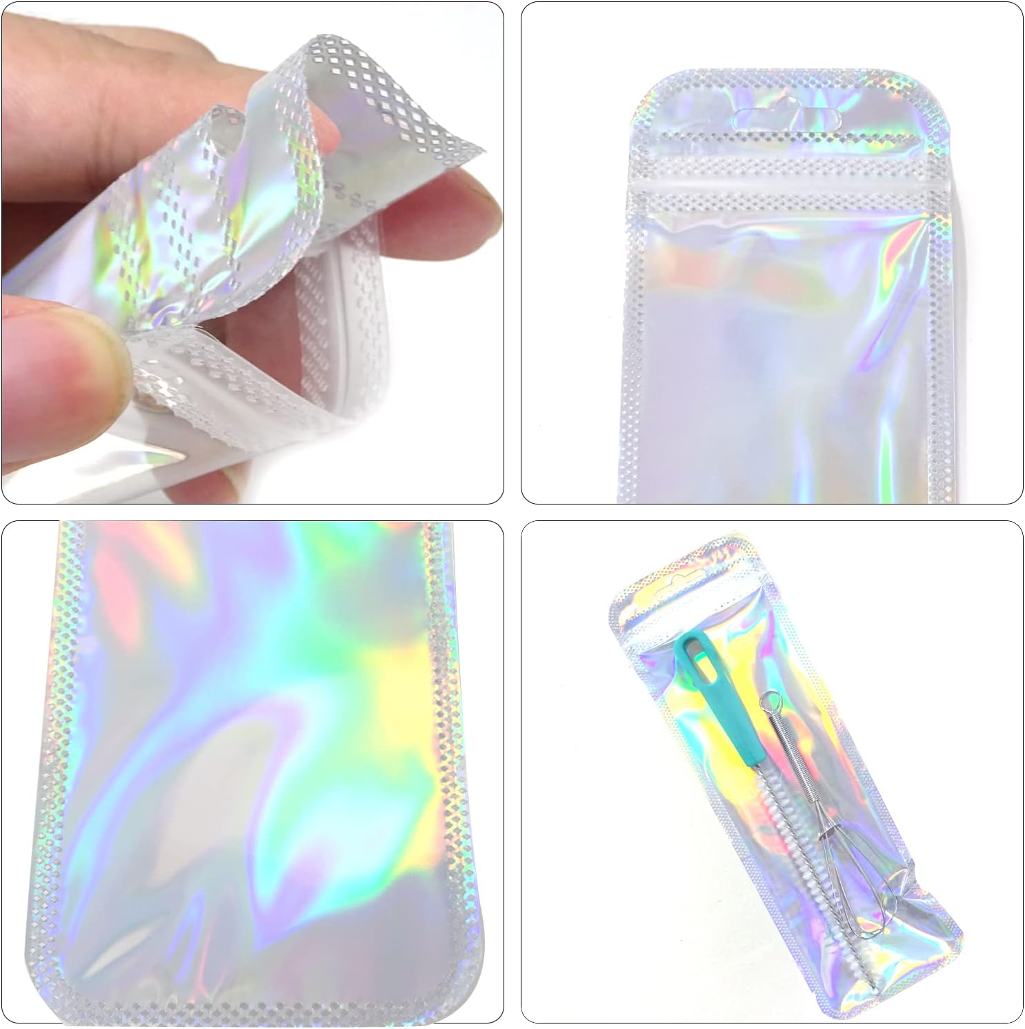 Honbay 100PCS Pen Bags Holographic Packaging Bags Resealable Foil Pouch Bag for Pen Jewelry Lip Gloss Lash Candy Packing (2.56 x9.45 inch) image 4