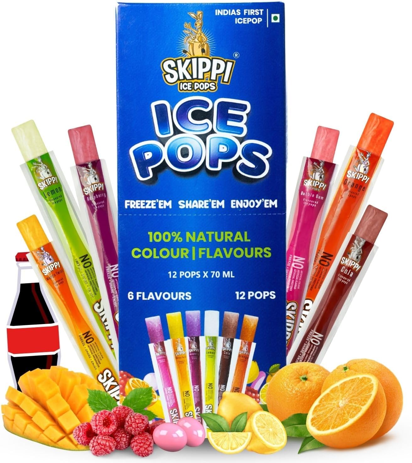 Skippi Icepops Natural Ice Popsicles (Lemon, Mango, Orange, Raspberry, Bubblegum and Cola) - 12 x 70 ml