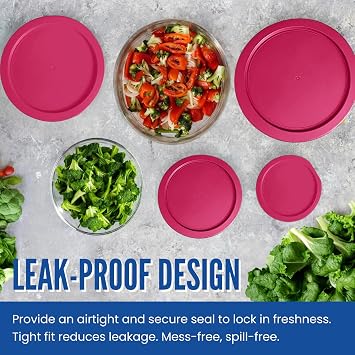 Replacement Lids fits Pyrex 4-Cup Glass Food Storage Container Bowls, 6-Inch Plastic Round Lids Covers for Pyrex 7201-PC, Airtight & Leakproof (2-Pack, Fuchsia)