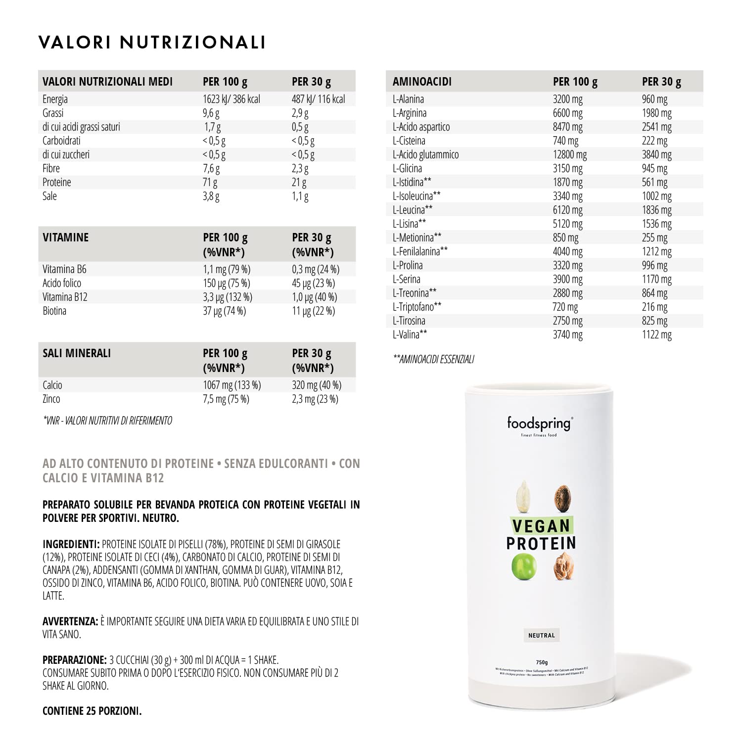 foodspring Proteine Vegane, Neutro, 750g, Proteine da pisello, Ceci, Canapa e girasole, Potere vegetale per muscoli di acciaio