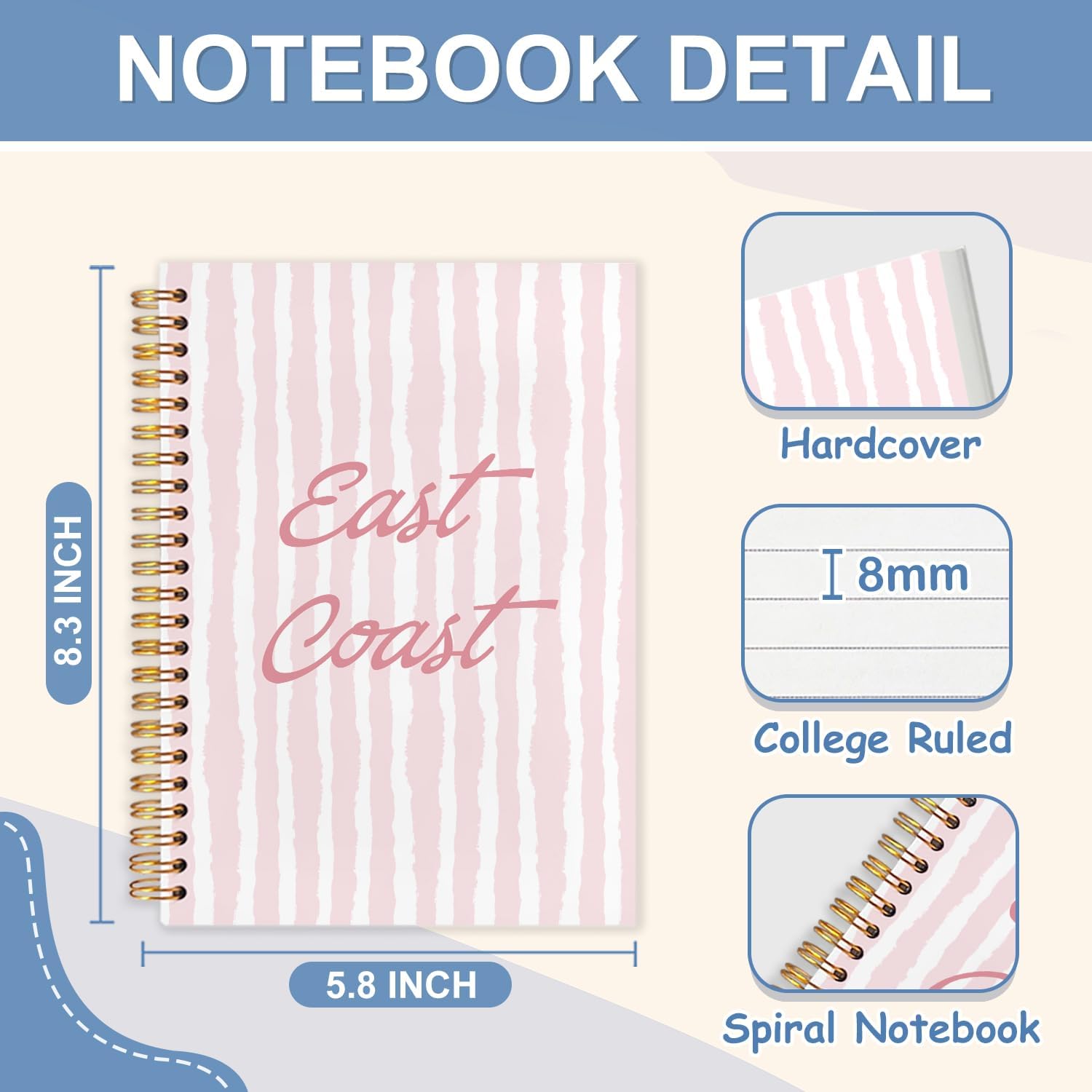 Pink East Coast Coastal Preppy Beach Spiral Notebook, 5.5x8.3 in image 2
