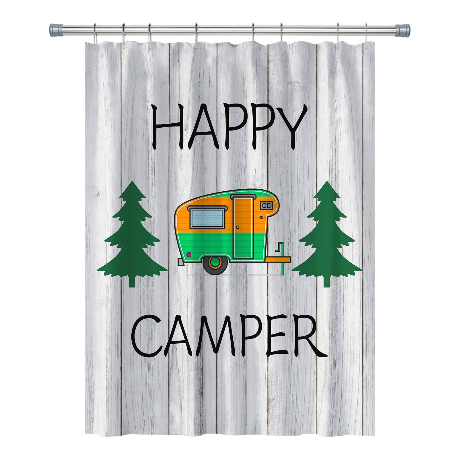 Careyoungs RV Shower Curtains Forest Mountain Happy Camper, Cloth Fabric RV Bathroom Decor Curtain Sets with Hooks 47WX64H Inches (Green and White)