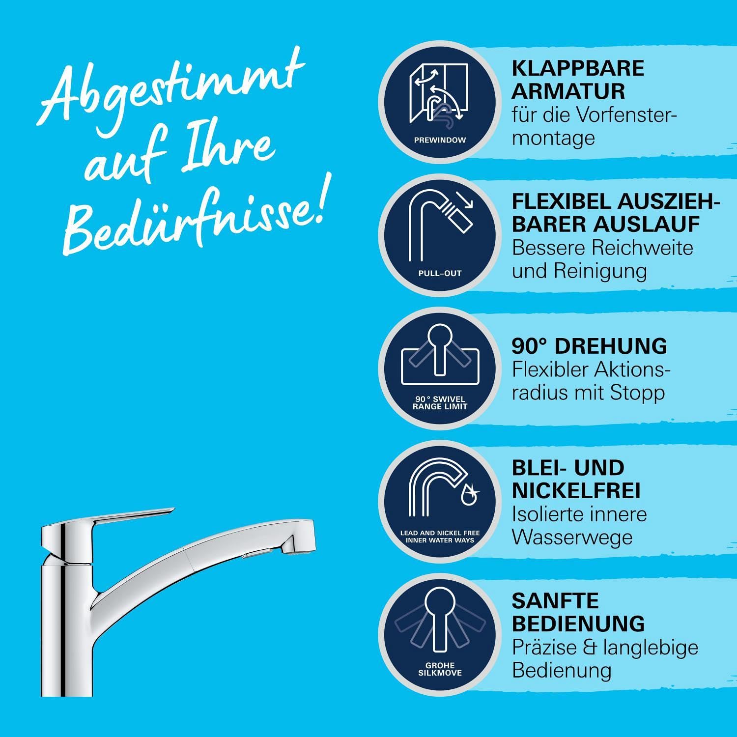 GROHE Start, Küchenarmatur für Vor-Fenster-Montage, 2 Strahlarten (Wasserhahn Küchen mit herausziehbarer Brause, 90° schwenkbar, wassersparend, werkzeugfreie Montage), chrom, 1012410000