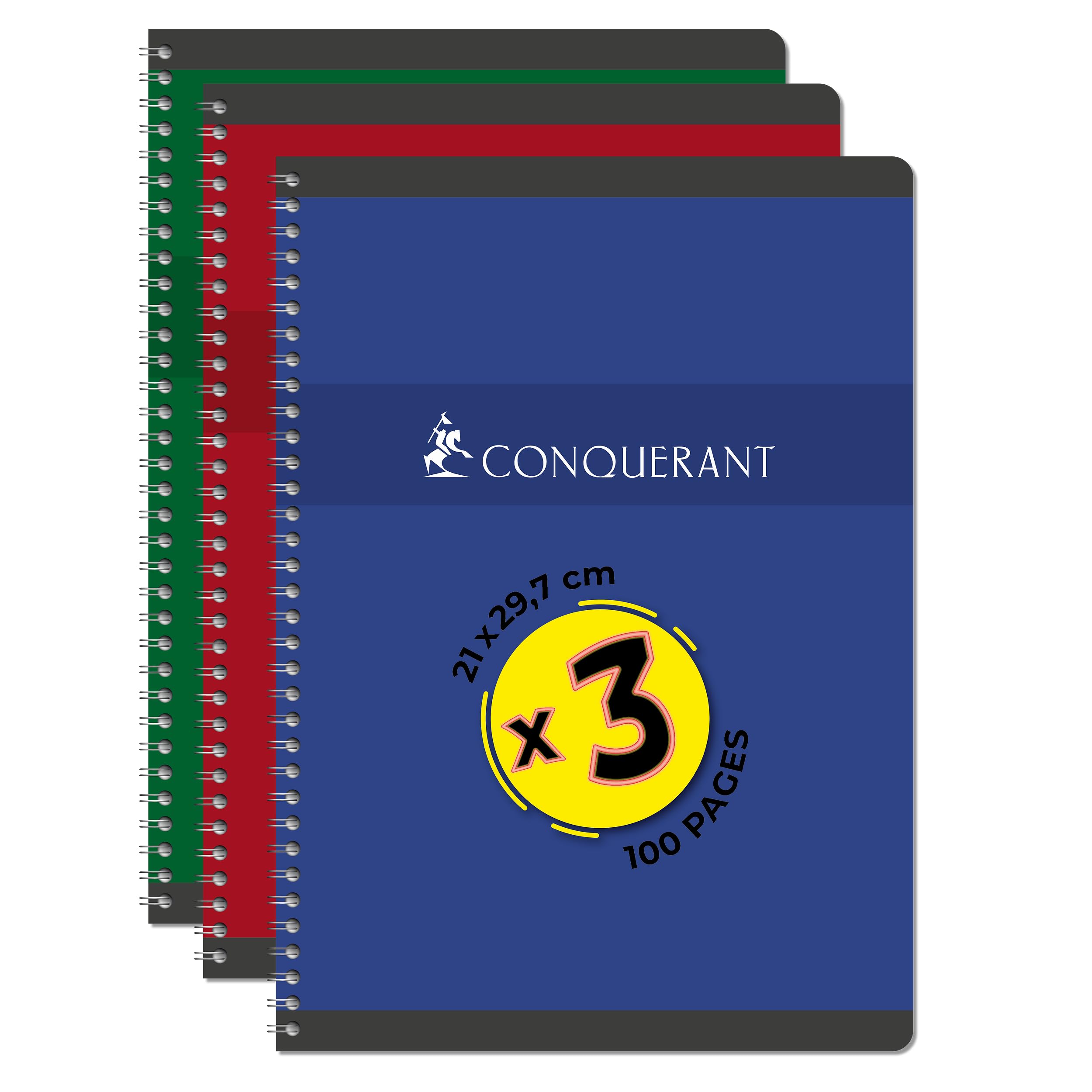 CONQUERANT Pack of 3 A4 Notebooks 100 Pages 70 g Q5 x 5 Full Binding Card Cover Assorted Colours, Red, Green and Grey - Image 2