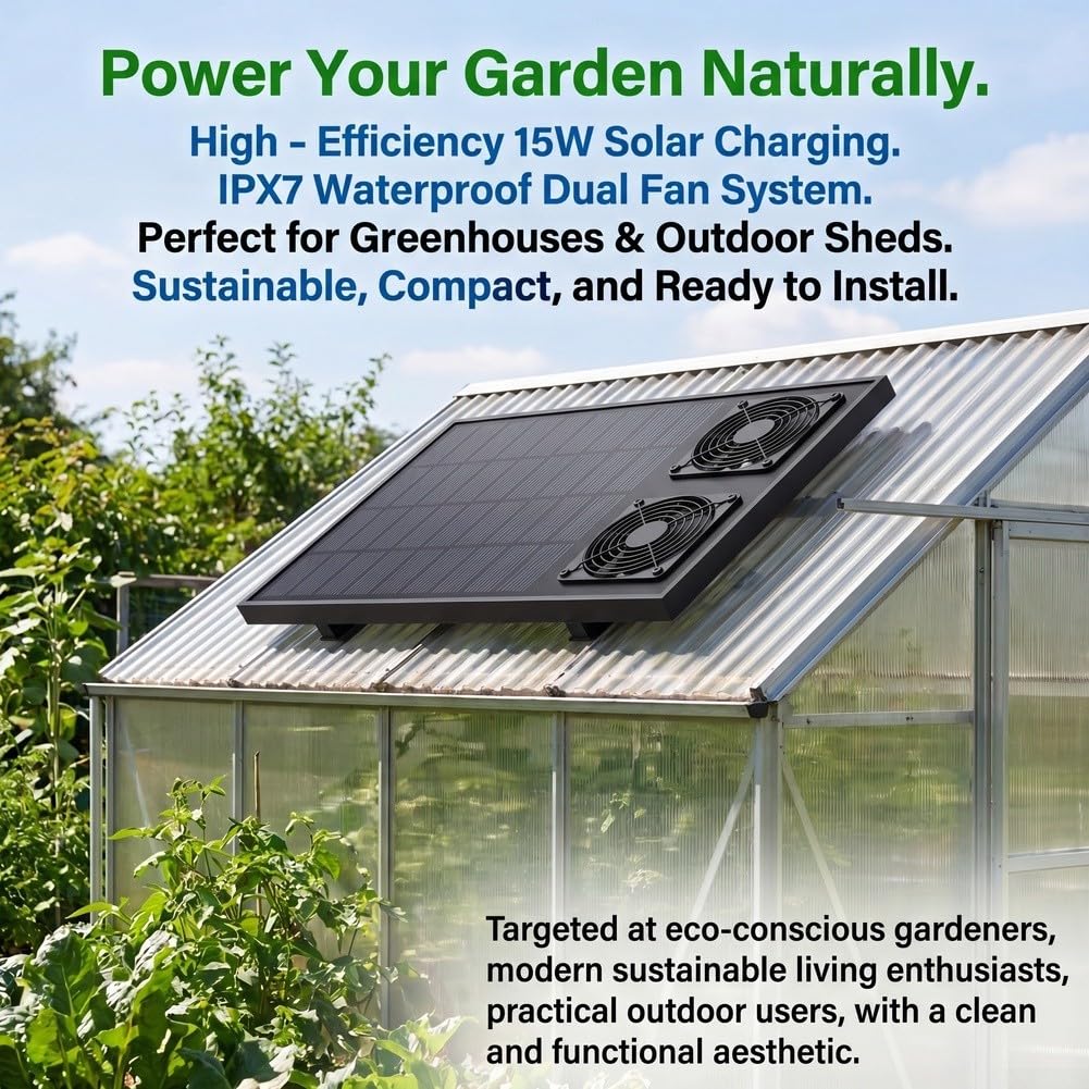 Pannello solare da 15 W 12 V monocristallino ad energia solare pannello solare ventola di scarico con ventola impermeabile IPX7 per esterni serra e giardino