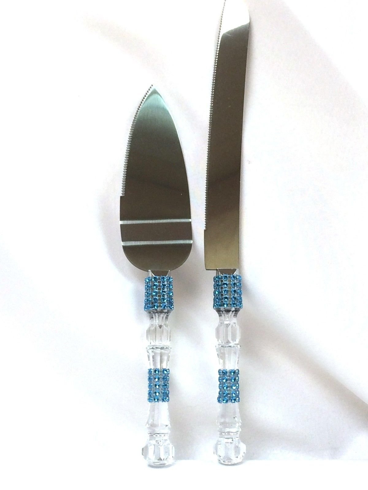 Cake Knife & Server Set Design with Turquoise Simulated Rhinestone for All Party Occasions