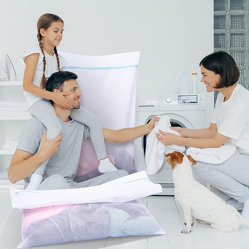 Miniatura 6 de Windyun 4 bolsas de lavandería de malla jumbo, 43 x 35 y 24 x 32 pulgadas, bolsas grandes de malla con cremallera para lavadora, ropa sucia,