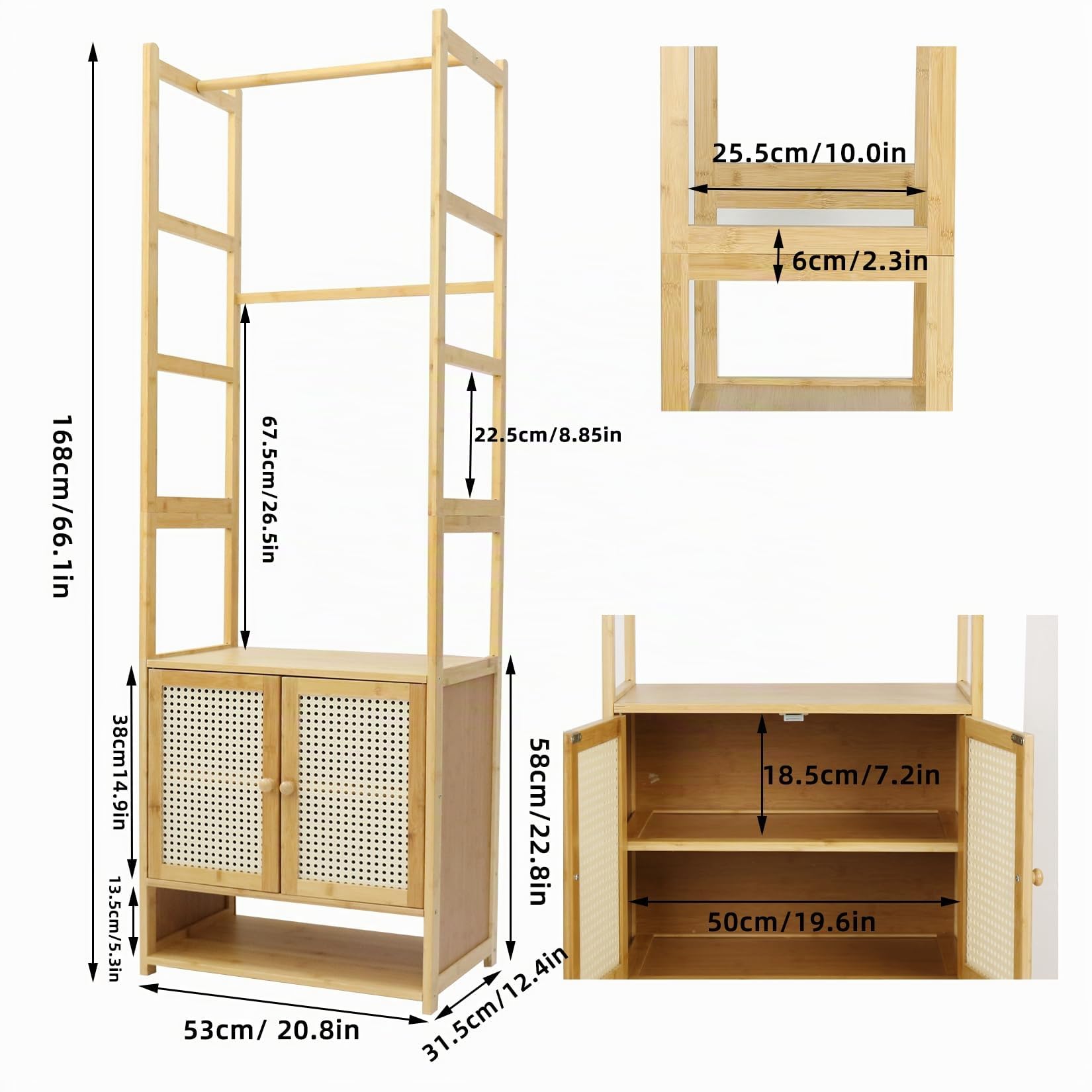 UNHO Appendiabiti da Terra Bambù: Armadio Aperto Guardaroba a giorno Stand Appendiabiti Attaccapanni con Ripiano Armadietti Autoportante per camera da letto soggiorno 53x32x168cm