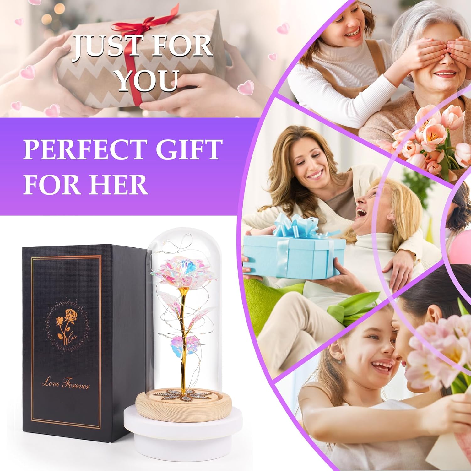 Valentines Day Rose Gifts for Her, Galaxy Glass Rose Forever Preserved Flowers for Delivery Prime Rose in Glass Dome, Birthday Valentine's Day Gifts for Women Mom Girlfriend Wife Daughter Colorful - Image 6