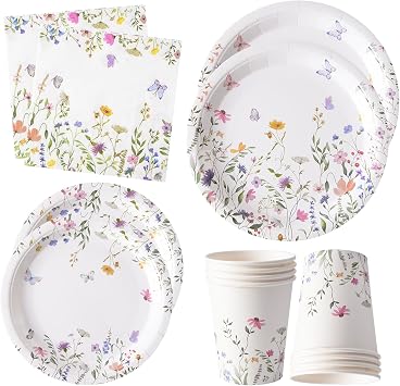 96PCS Wildflower Paper Plates and Napkins, Disposable Floral Plates for Bridal Shower, Garden Party, Wedding, Mothers Day, Spring Party, Baby Shower, Afternoon Tea Party