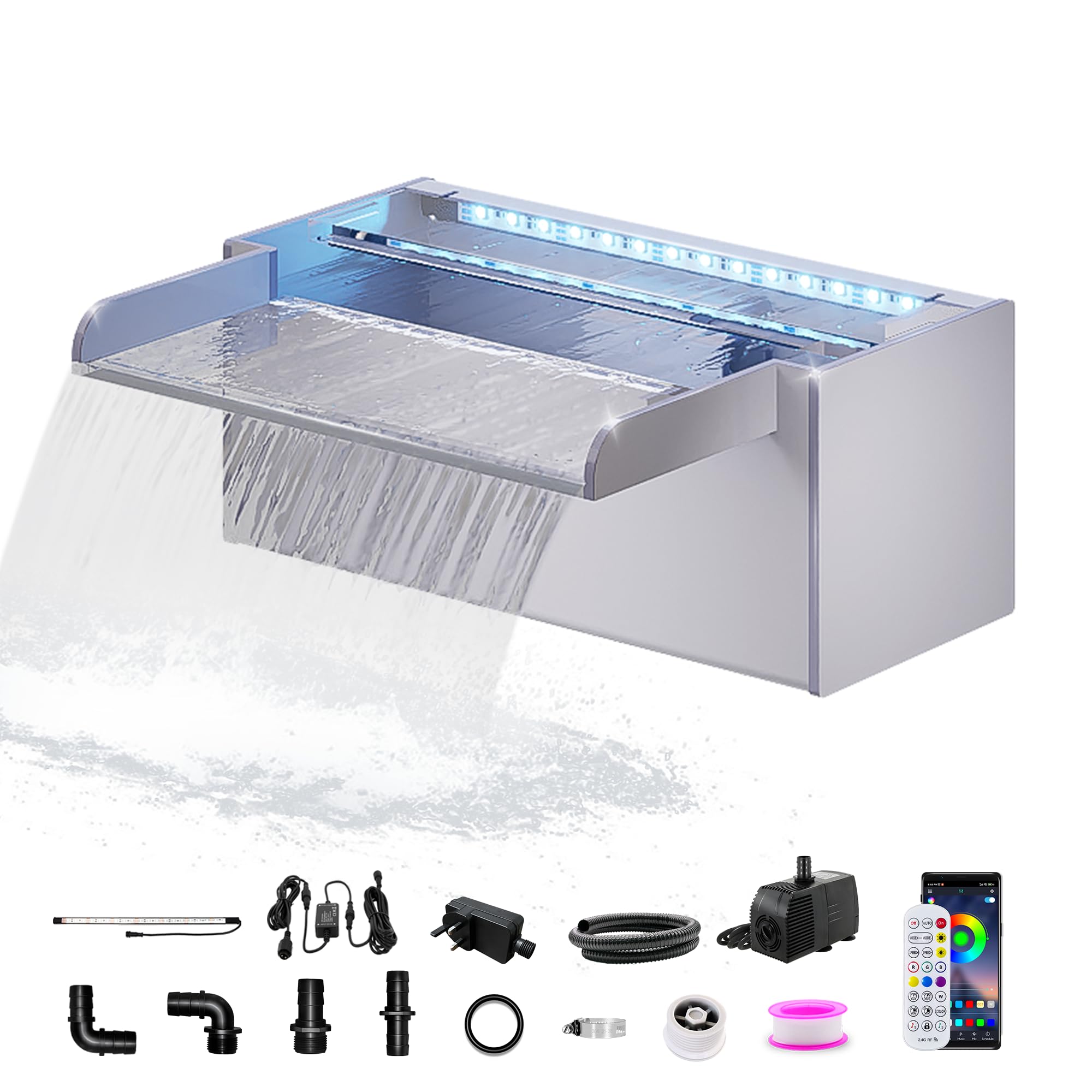 LONGRUN 30CM Pond Waterfall Blade,Acrylic Pool Fountain with Water Pump and 7 Colors Bluetooth LED Light, Complete Waterfall & Stream Kits for Outdoor Water Features — image 1