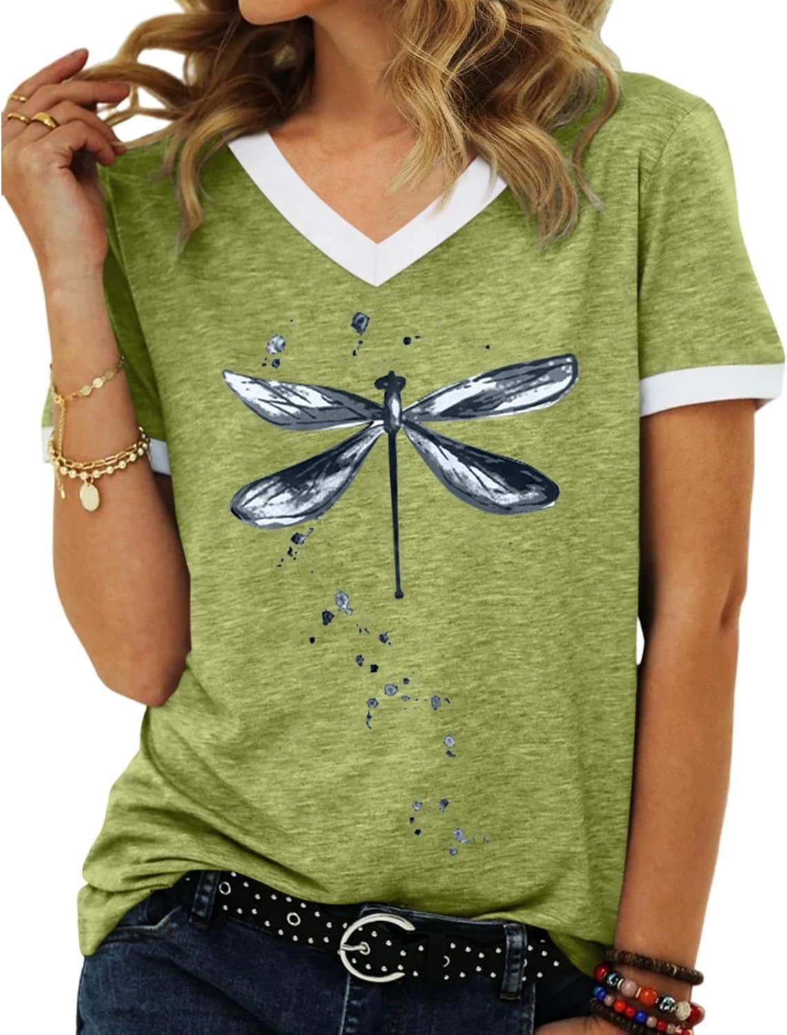 Women's Graphic Tees Casual Summer Funny Dragonfly Printed Short Sleeve Cute T Shirts Tops