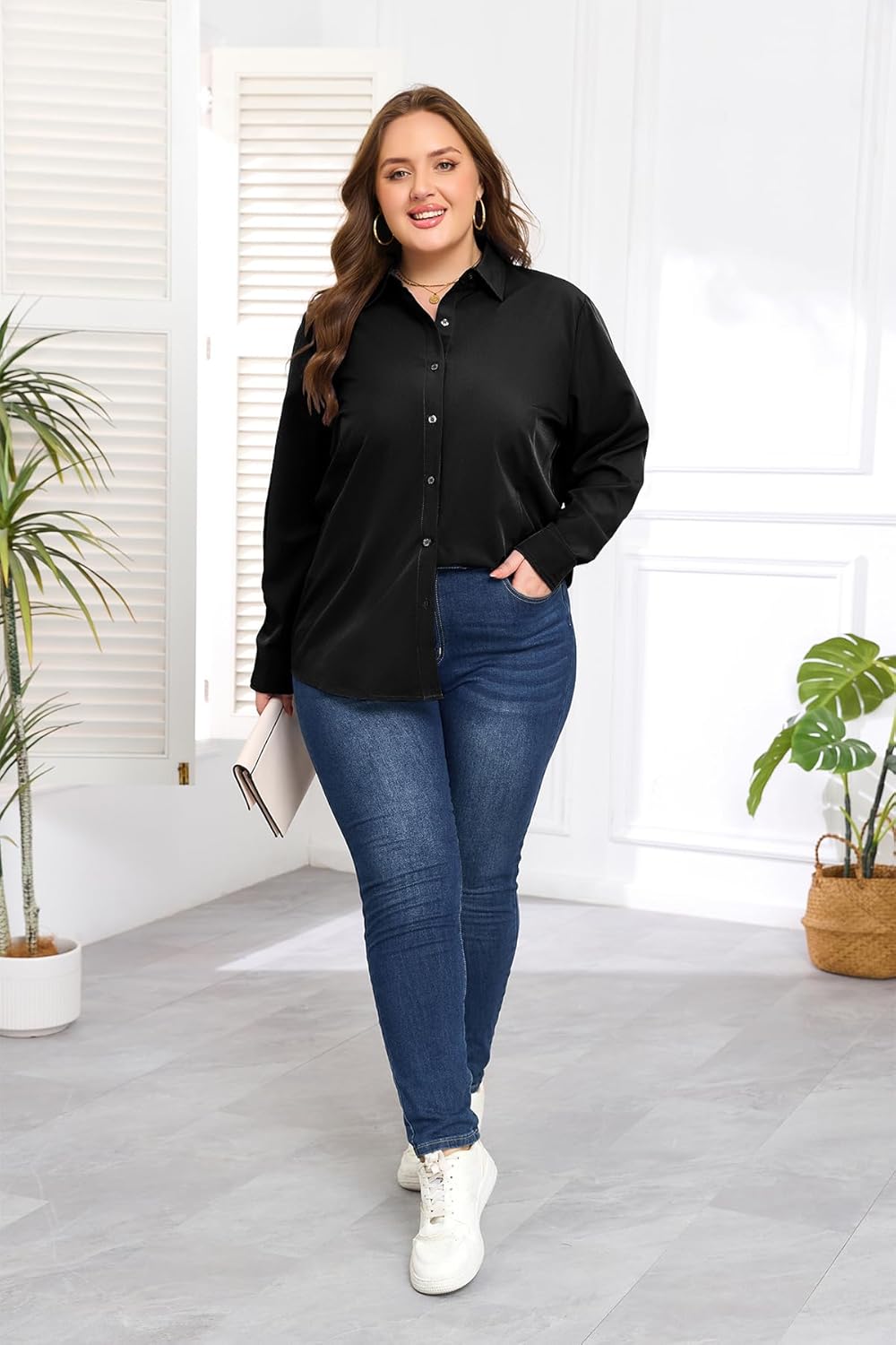 Plus Size Button Down Shirts for Women Long Sleeve Collared Casual Shirt Office Work Classic Blouse Tops XL-5XL - Image 6