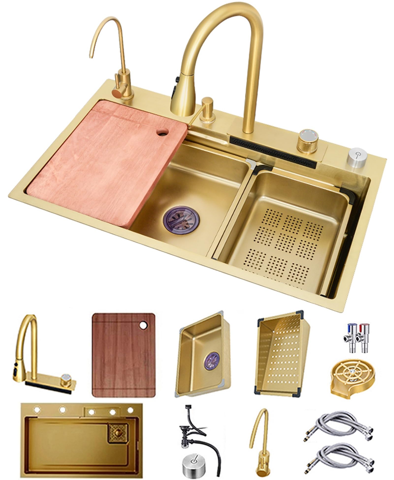 ZQFHSX Waterfall Kitchen Sink Workstation Nanometer Topmount Stainless Steel Bar Multifunction Single Bowl With Faucet Combo & Drainage Components(Gold,75x45x22cm)