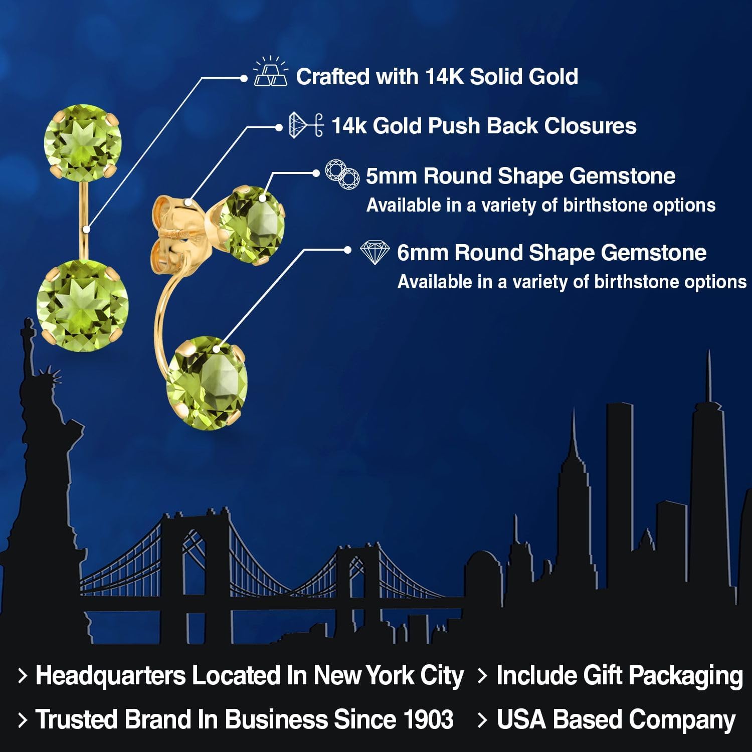 Gem Stone King 1-4 Cttw Gemstone Birthstone 2-Stone Front Back Stud Earrings for Women | 14K Yellow Gold | Round 6MM & 5MM | Fine Jewelry Gift for Her Mom Wife
