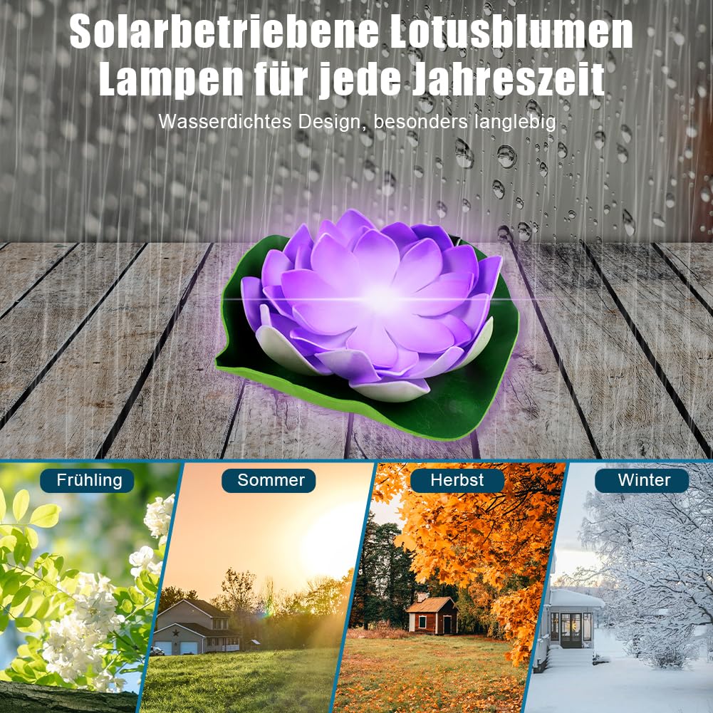 Aohcae 4 Stück Schwimmende Lotuslichter, Wasserdichte Solar Lotusblüte, Seerosen Künstlich Solar für Garten Hof, Schwimmbad, Brunnen und Aquarien