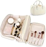 Sac de maquillage de voyage pour les femmes Mode Grande capacité Poche ouverte plat Cosmétique Portable Organisateur Imperméable Grande ouverture Sacs de toilette Vertical Free-Standing Brush Holder for Easy Access Black