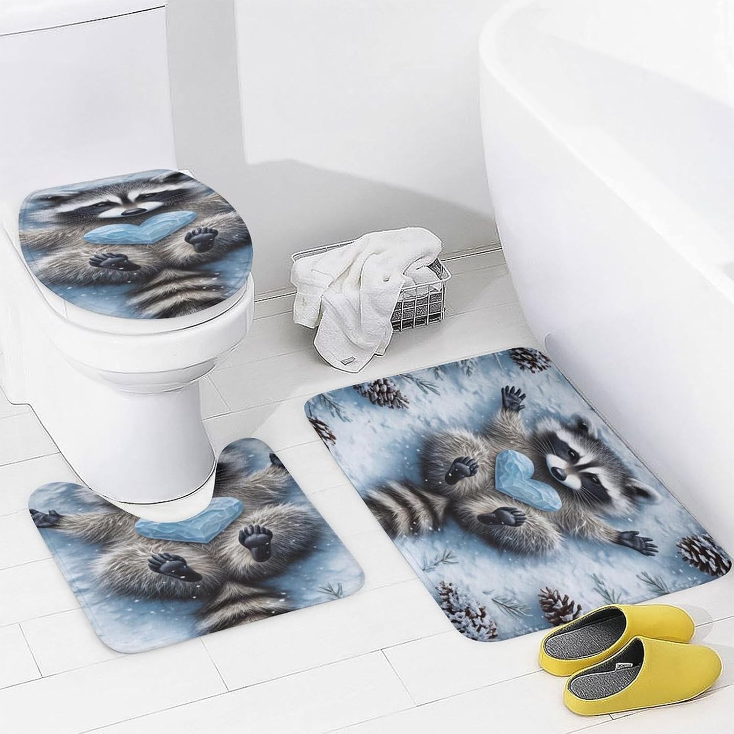 Raccoon Snow Heart Pinecones Winter 4 PCS Bathroom Set with Shower Curtain Rugs, Ultra Soft Coral Fleece Bath Mat, U-Shaped Rug, Toilet Lid Cover, 72" X 72"