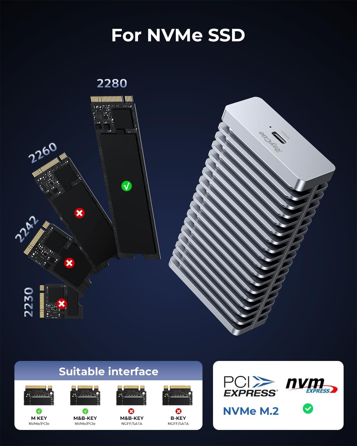RayCue 80Gbps M.2 NVMe SSD Enclosure with Cooling Fan, Compatible with Thunderbolt 5/4/3, USB 4.0/3.2/3.0/2.0 M-Key/(M&B) Key NVMe 2280 SSD up to 8TB