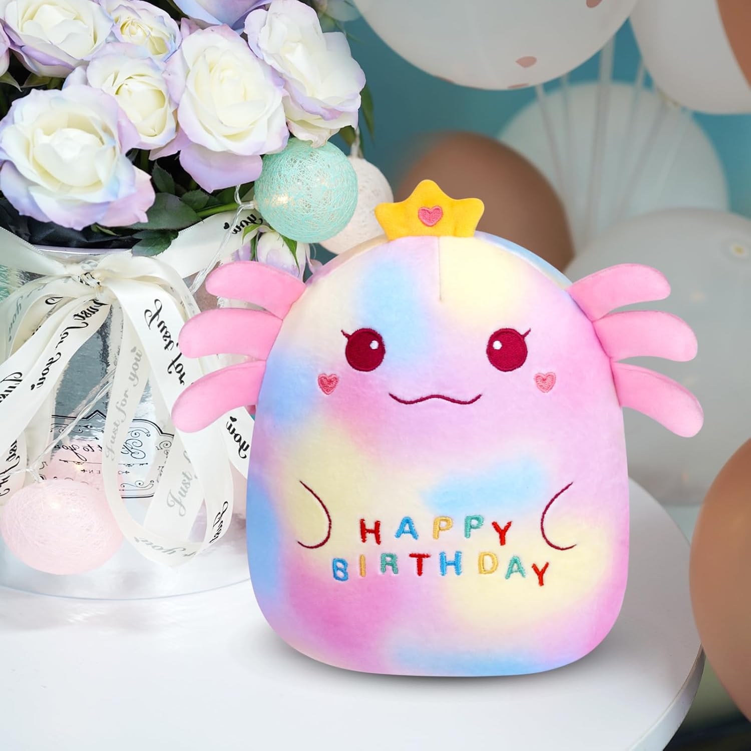Happy Birthday Gift Axolotl Plush - 9.5 inch Axolotl Stuffed Animal with Crown Cute Plushie Soft Plush Axolotl Decorations Birthday Gift for Kids Girls Boys Adults