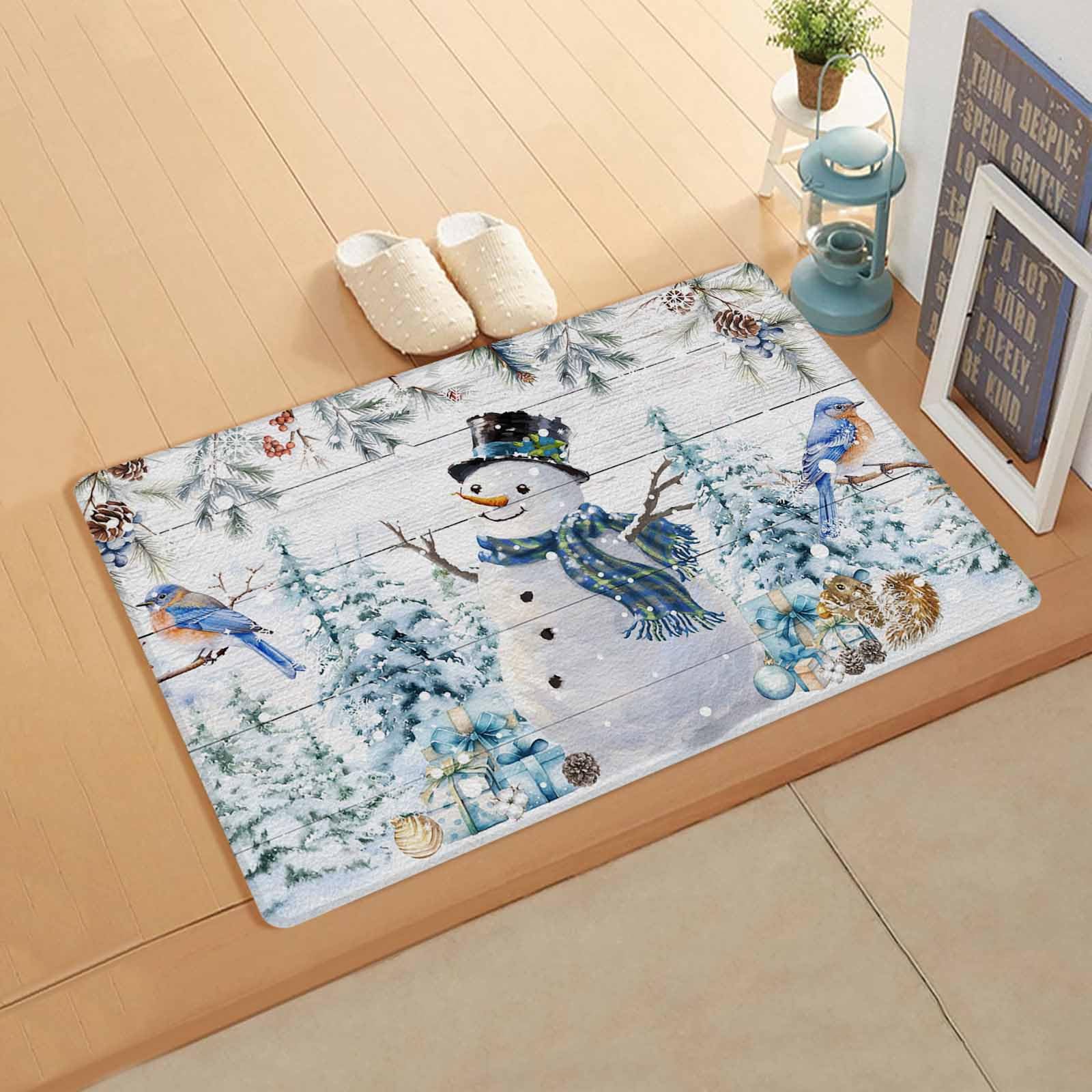 Winter Snowman Kitchen Bath Door Mat Cushioned Runner Rug,Washable Welcome Floor Sink Antifatigue Mat,Waterproof & Non-Slip Comfort Standing Doormat,Christmas Snowflake Pine Tree Woodgrain 20