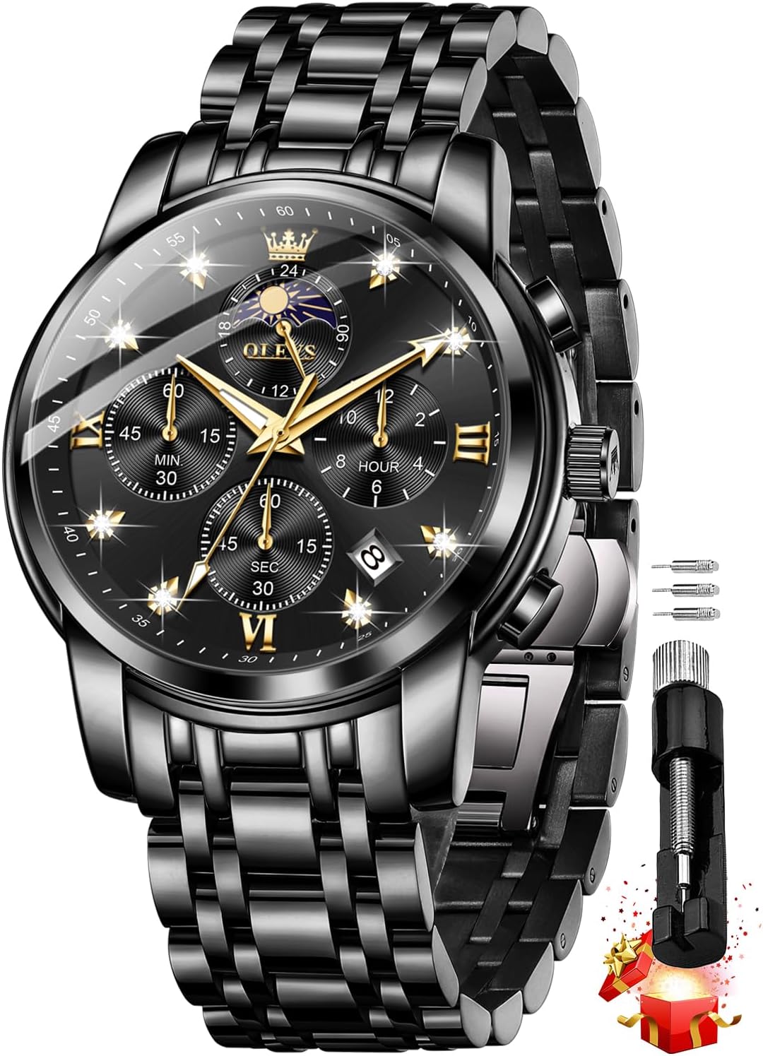 Chronograph Watches for Men Original Analog Quartz Black Stainless Steel Chain Luxury Dual Time Zone Moon Phase Date Waterproof Men's Wrist Watch
