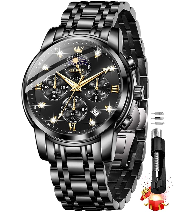 OLEVS Chronograph Watches for Men Original Analog Quartz Black