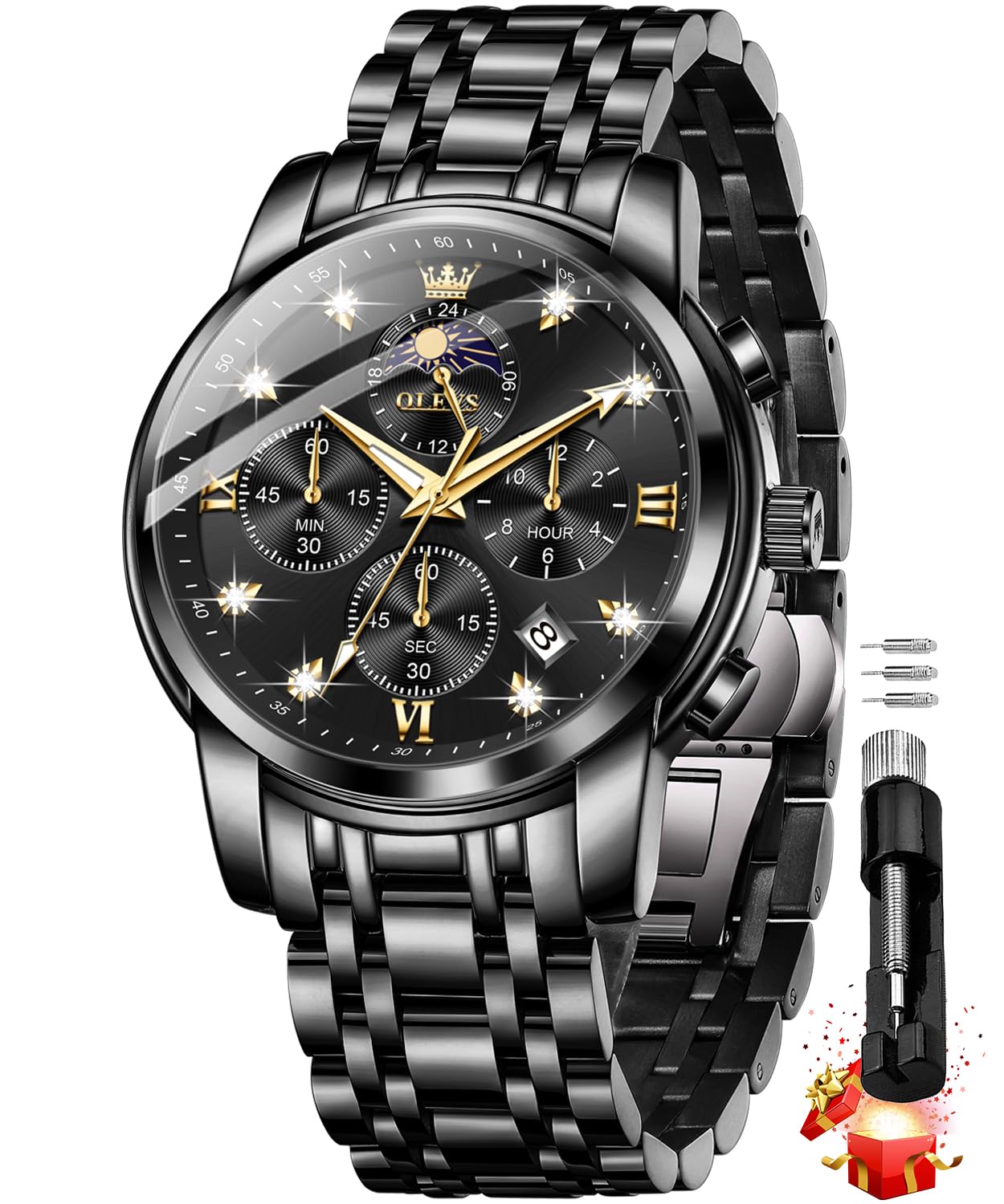 OLEVSChronograph Watches for Men Original Analog Quartz Black Stainless Steel Chain Luxury Dual Time Zone Moon Phase Date Waterproof Men's Wrist Watch