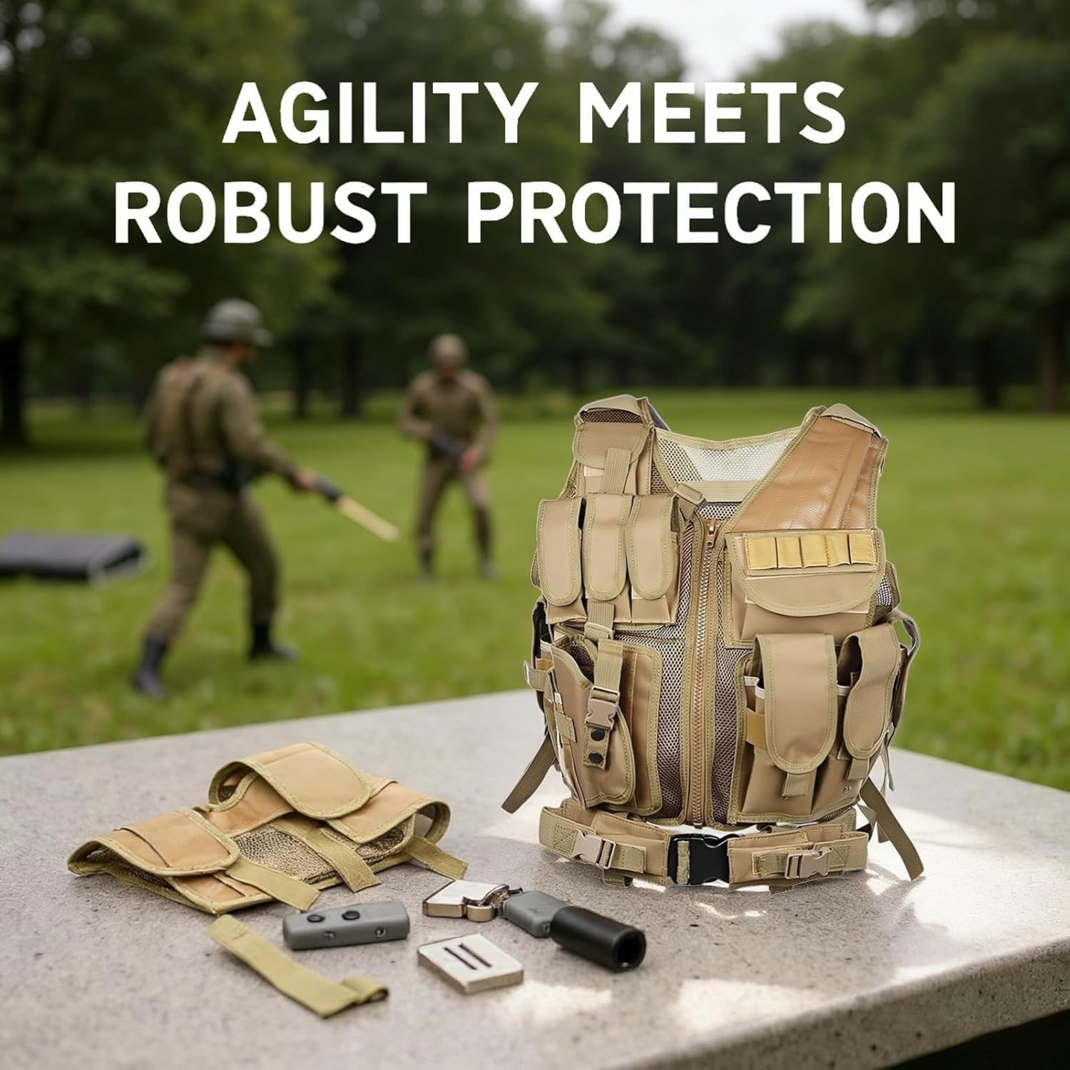 Men's Airsoft Vest, Khaki, Adjustable Combat Gear, Breathable Mesh, Multiple Pouches, 21.7 X 19.7 in / 55 X 50 Cm