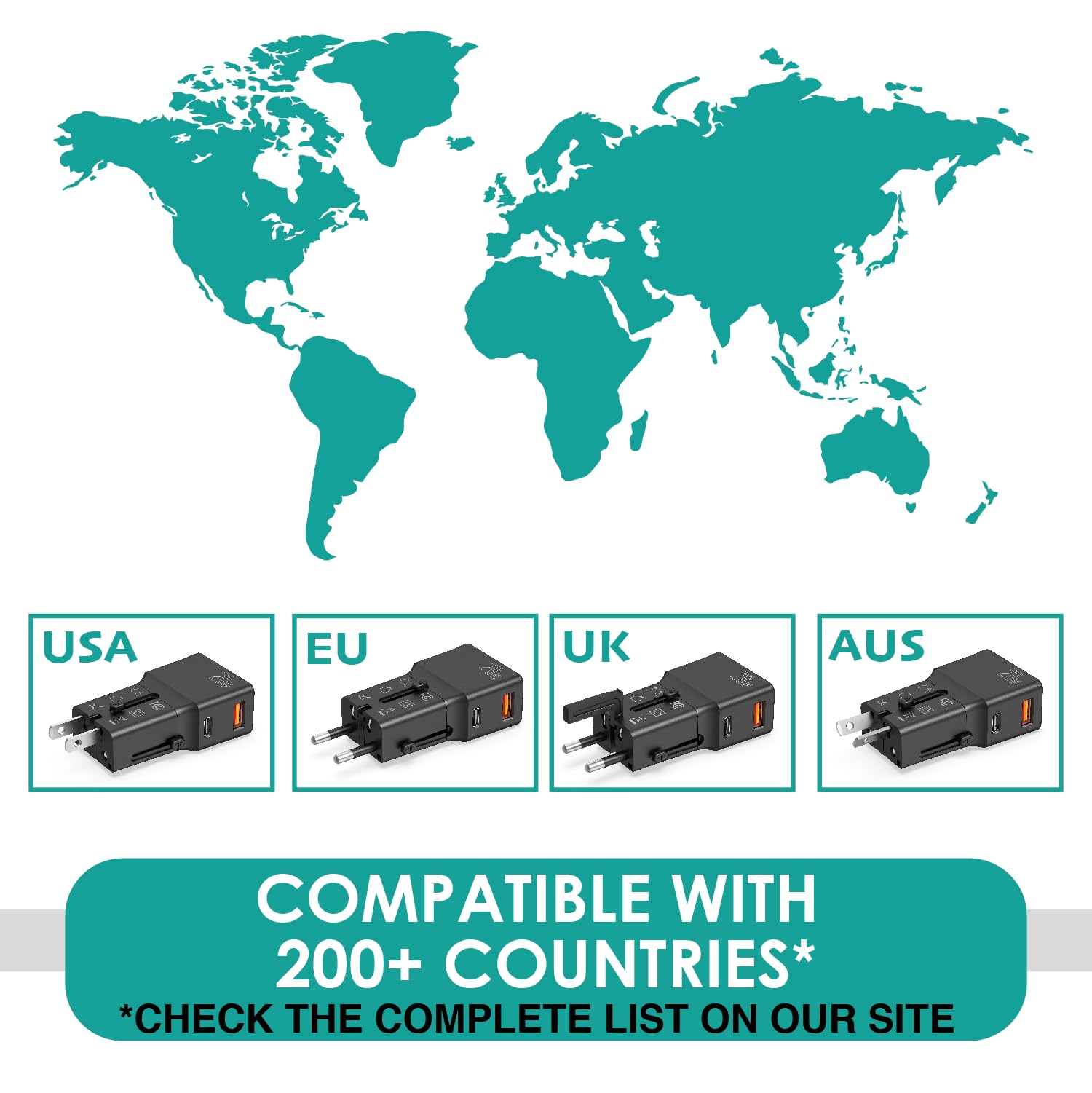 Travell Wall Charger - uniwersalny adapter podróżny z gniazdem USB-C i USB-A, idealny adapter podróżny, kompatybilny z gniazdami w 200 krajach USA, UE, UK, AU, moc do 20W