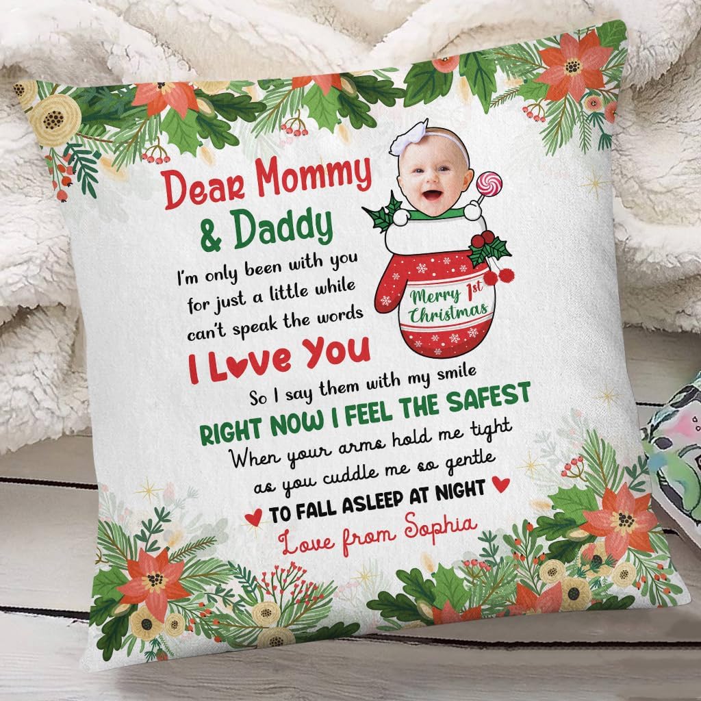 Personalized Square Pillow for New Parents from Baby Family New Parents Gifts Cute Baby Christmas Glove I Am Only Been with You Custom Name Double Sided Sofa Couch Cushion On Christmas