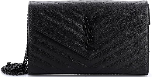 Saint Laurent, Pre-Loved Classic Monogram Wallet on Chain Matelasse Chevron Leather Medium, Black