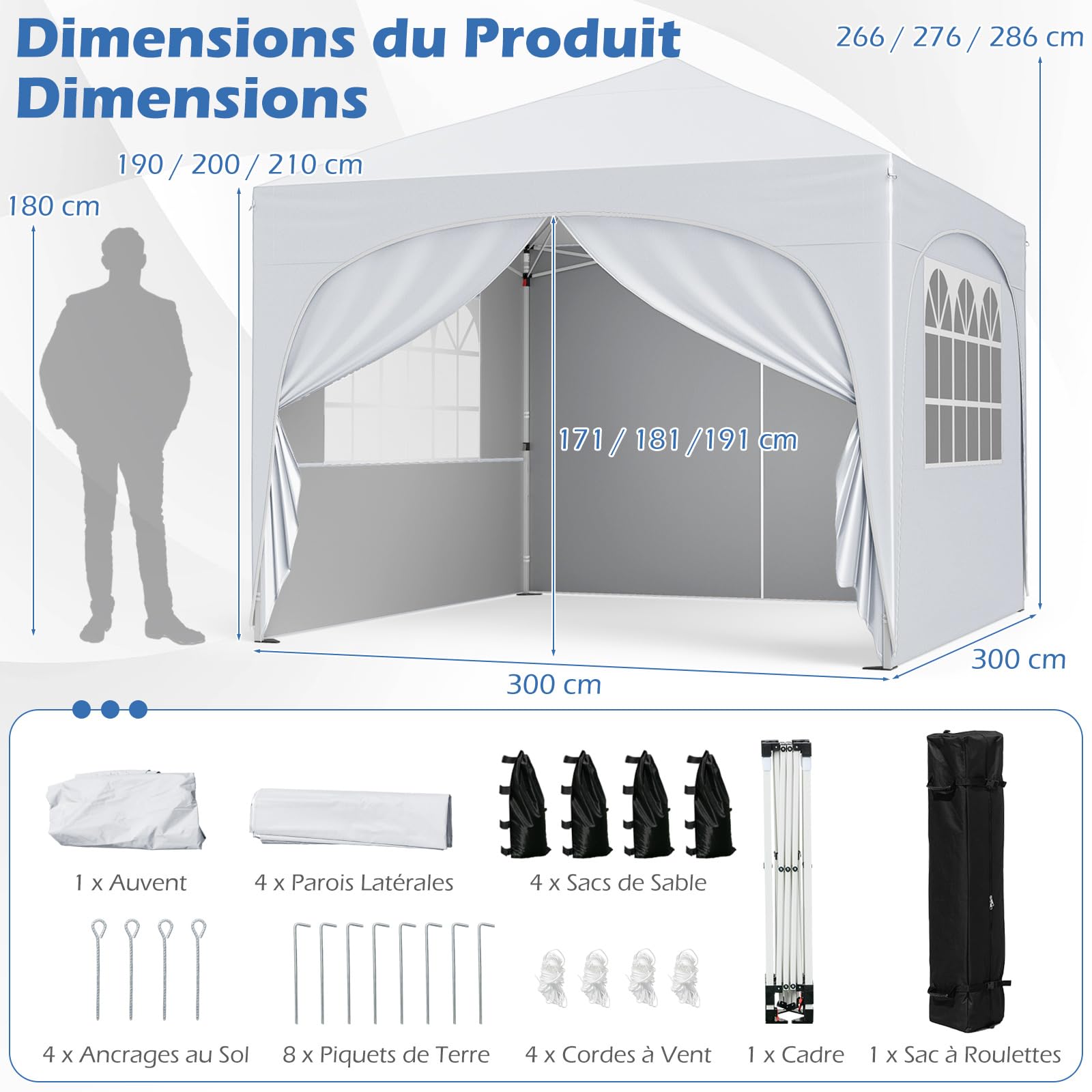 COSTWAY Tonnelle de Jardin Pliante 3x3m avec Parois, Pop up, Protection UV 50+, Imperméable, Tente de Reception Pliable, 4 Côtés et 4 Sacs de Sable, Sac à roulettes, pour Camping Fête (Blanc)