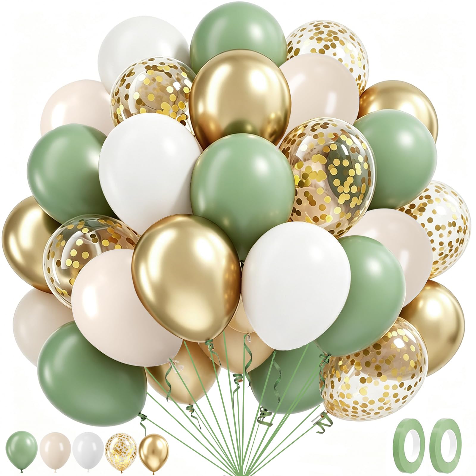 Sage Green Balloons, 60Pcs 12Inch Sage Green Gold Sand White Balloons Set — image 1