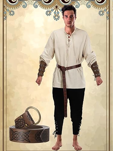 Miniatura 5 de Jiuguva - Disfraz renacentista medieval para hombre, juego de 4 piezas con camisa de pirata medieval, pantalones con bandas de tobillo, accesorios