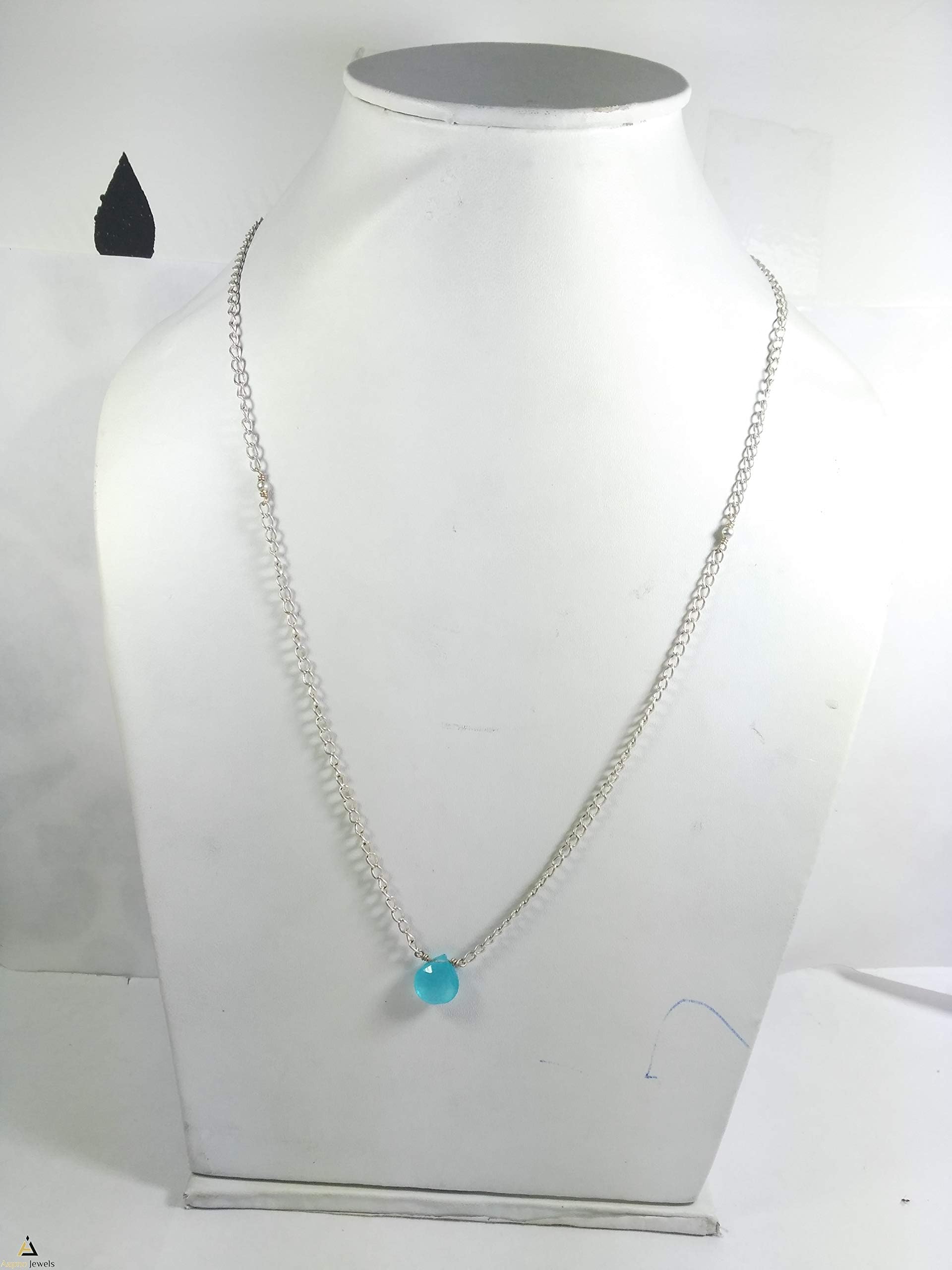 AApno JewelNatural Aqua Chalcedony Drop Faceted Rosary Beads Necklace, 4x12mm, 18 inch Aqua Chalcedony Drop Necklace, Faceted Aqua Chalcedony Drop Beads necklae