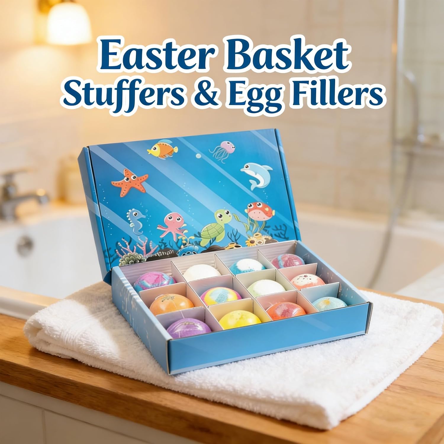 Kids Bath Bombs with Surprise Inside, Ocean Toy Bath Salt Ball Sleeve Box, 12-Pack Surprise Bath Bombs with Toys, Easter Basket Stuffers & Egg Fillers (1set)