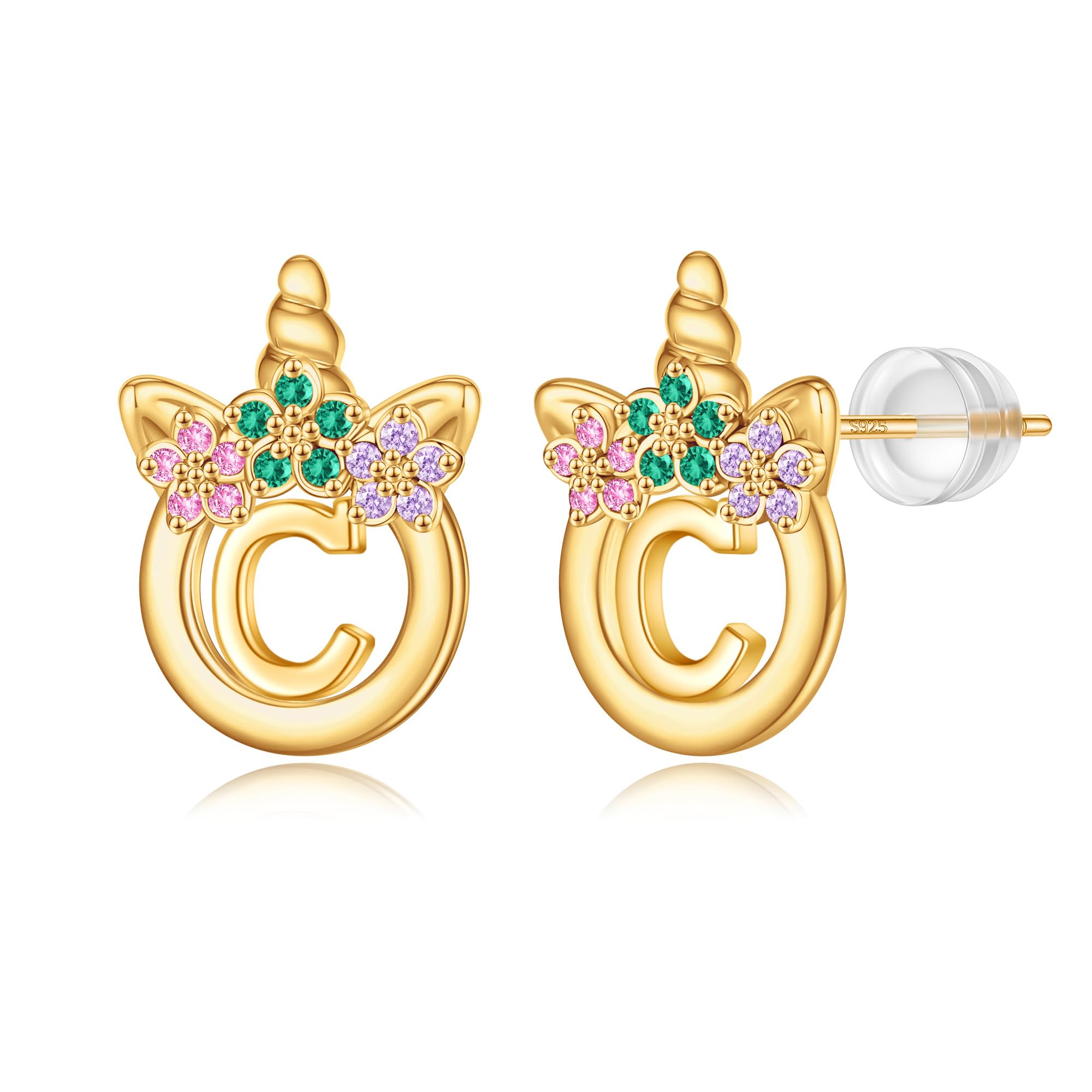 Unicorn Earrings Gifts for Girls - 925 Sterling Silver Stud Earrings Hypoallergenic Initial Unicorn Earring for Girls Kids Jewelry CZ Birthday Gifts
