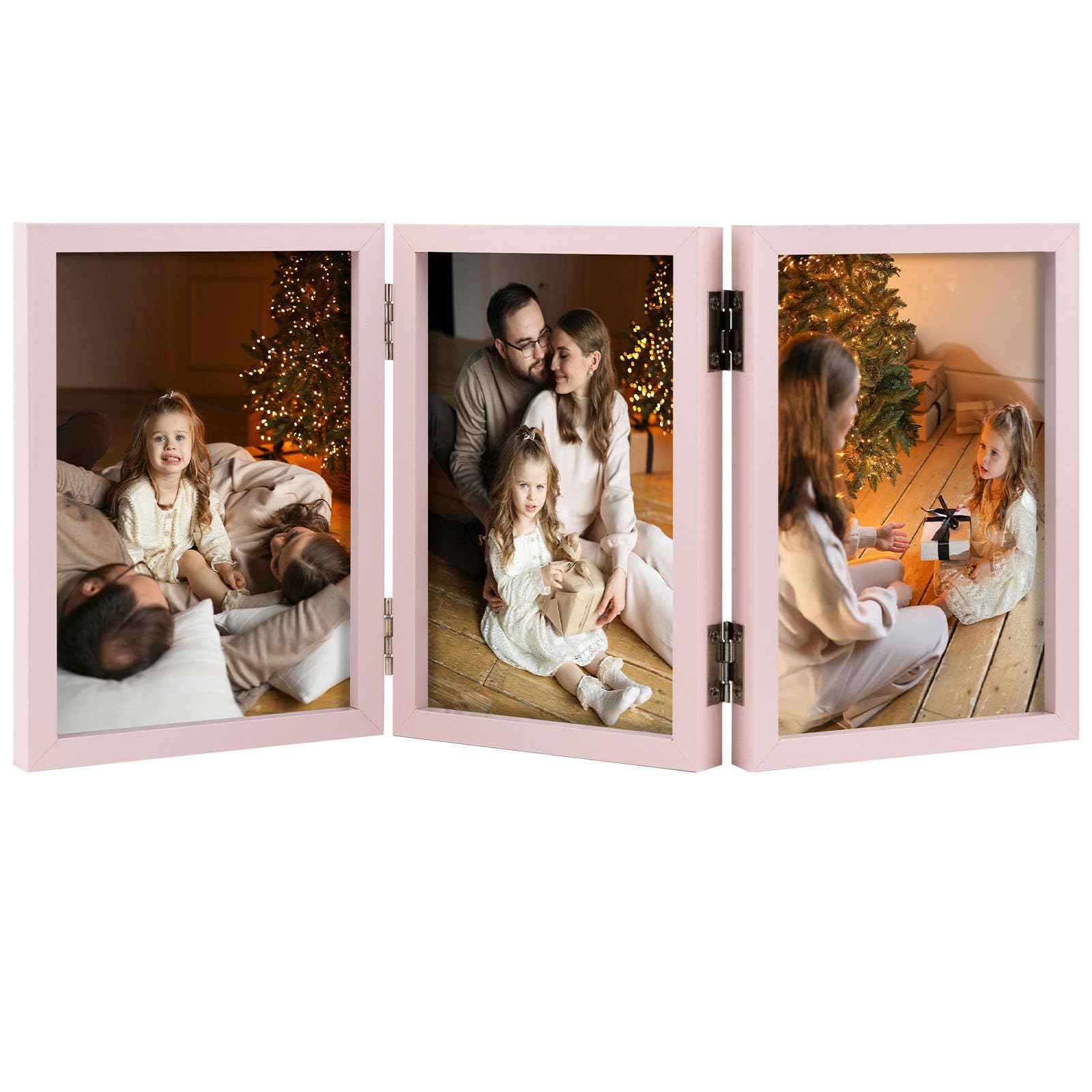 Space Art Deco Triple 4x6 Picture Frame, 3 4x6 Folding Photo Frame, Standing Vertically on Desktop or Tabletop, Home Decorative Christmas, Pink