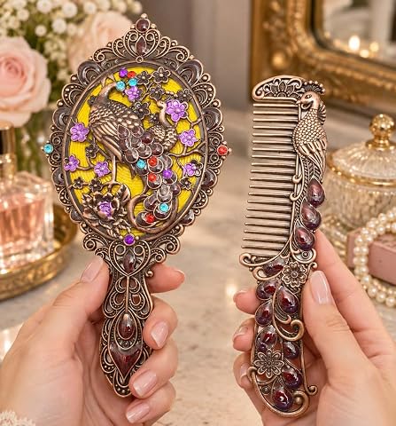 مرآة مكياج جيب فرعونية بنقش الطاووس مع مشط من immatgar، لون أحمر محروق، 13.5 سم