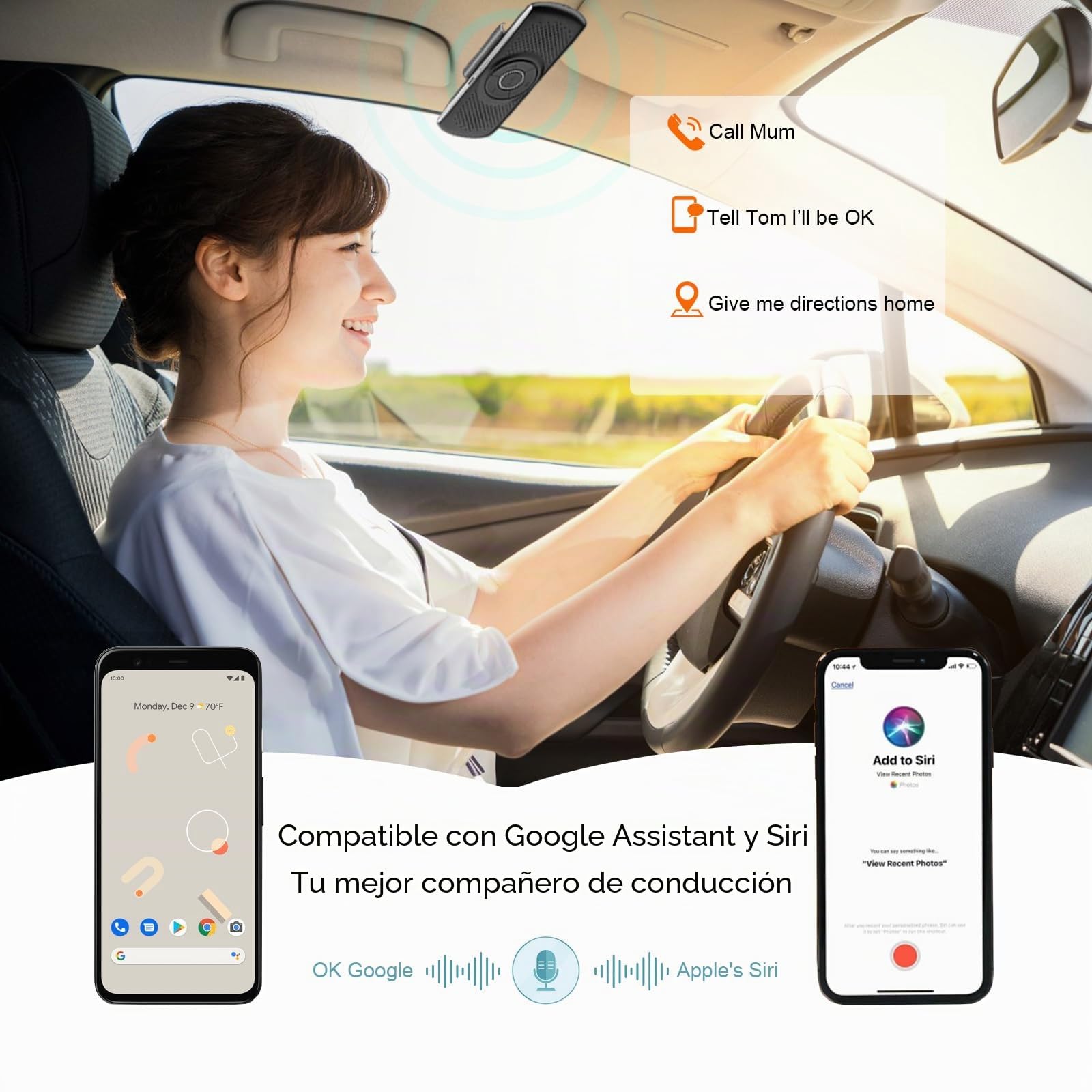 Manos Libres Coche Bluetooth 5.0 con Clip, Ranura para Tarjeta TF, Micrófono Integrado, Compatible con Siri y Google Assistant, para Música, GPS y Llamadas