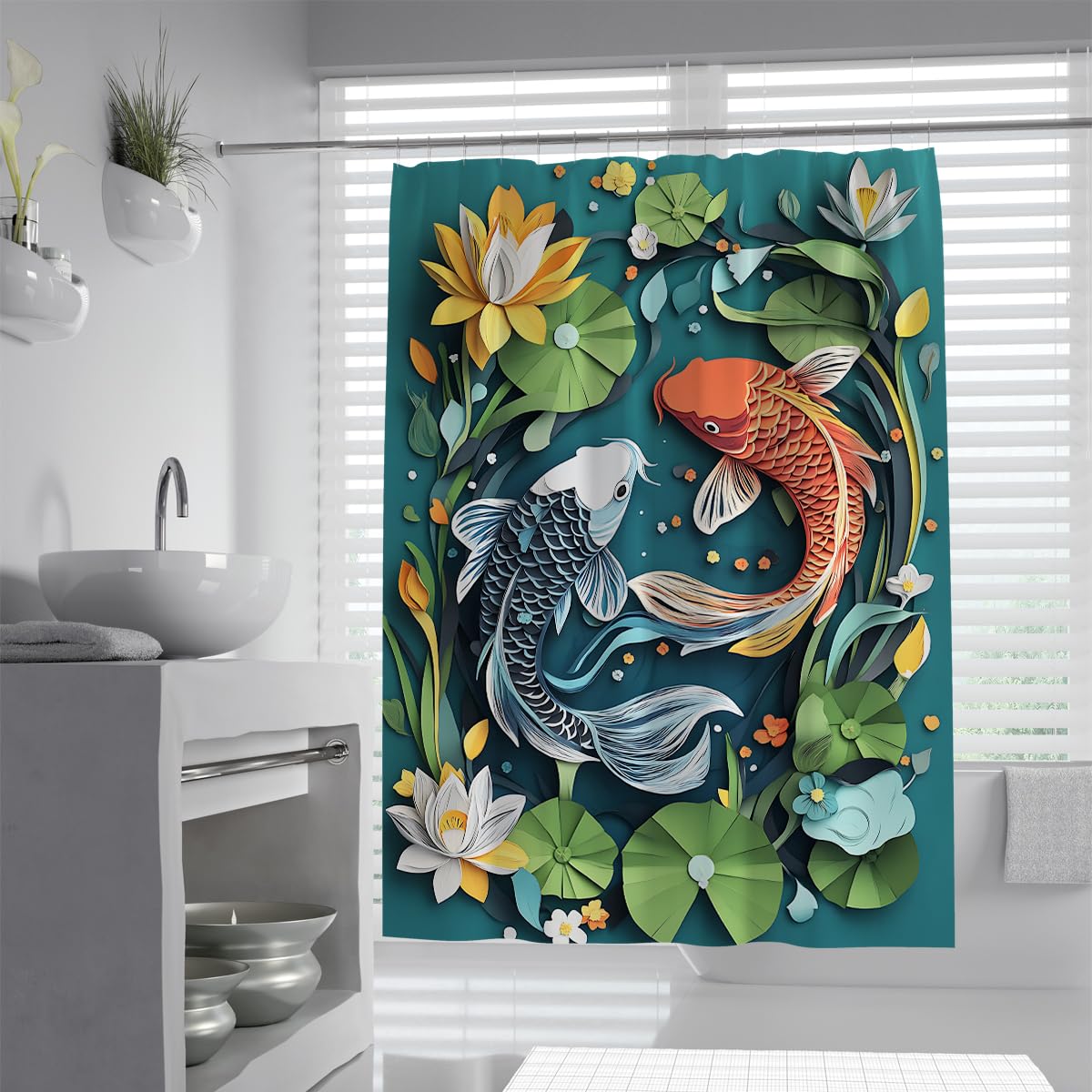 Uiringart Shower Curtains Koi Shower Curtain W100xl200cm 3D Paper Cut Style Lotus Leaves Pond Art Waterproof Anti-Mould Polyester Fabrics Bathroom Decor For Walk-In Shower With Hooks
