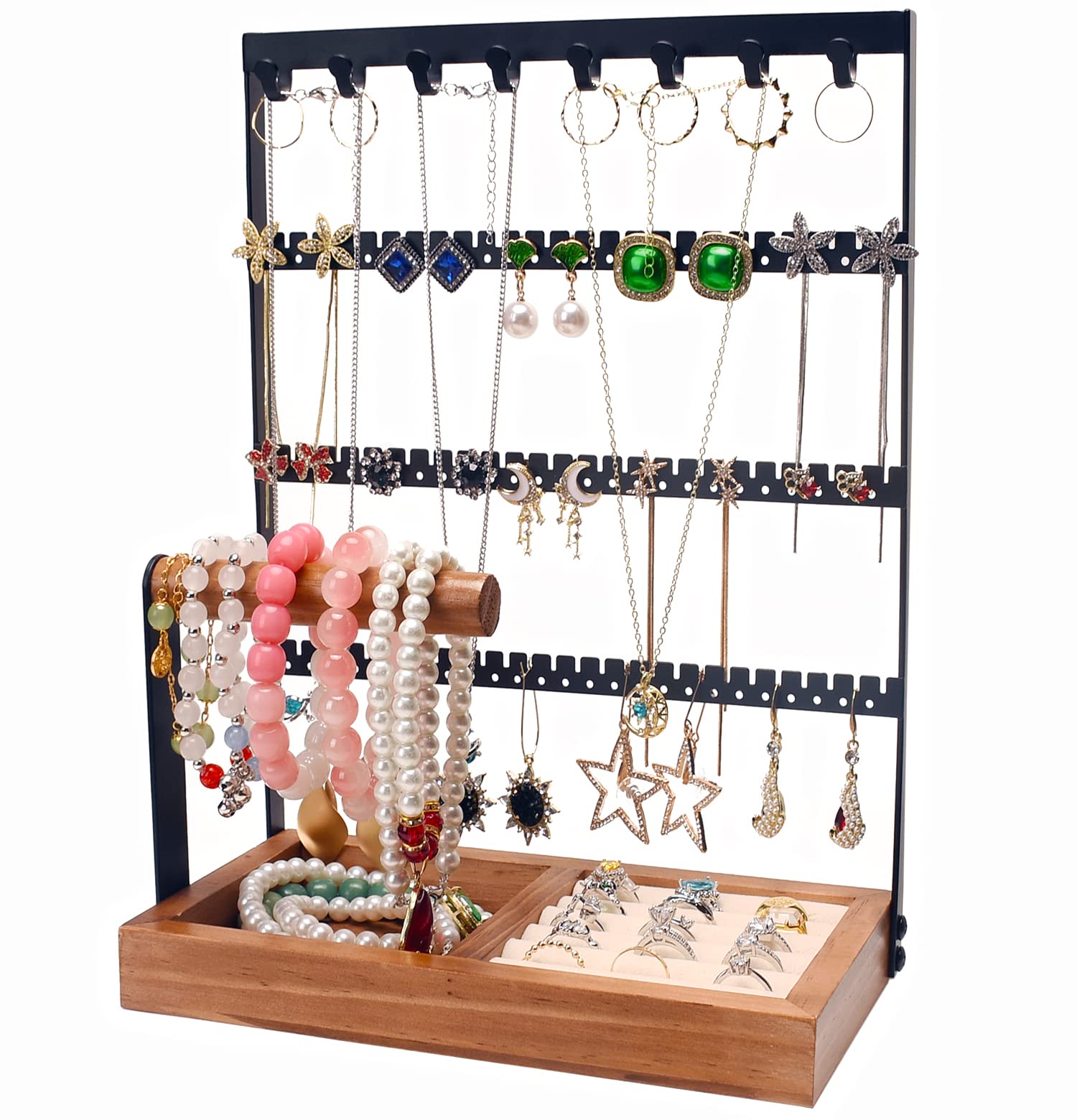 Jewelry Organizer Stand Necklace Earring Holder 5 Removable Layers Display Stands 8 Hooks 75 Holes 5 Rows Ring Storage Trays Metal Wooden Box for Bracelets Watch Bracelets and Rings - Black
