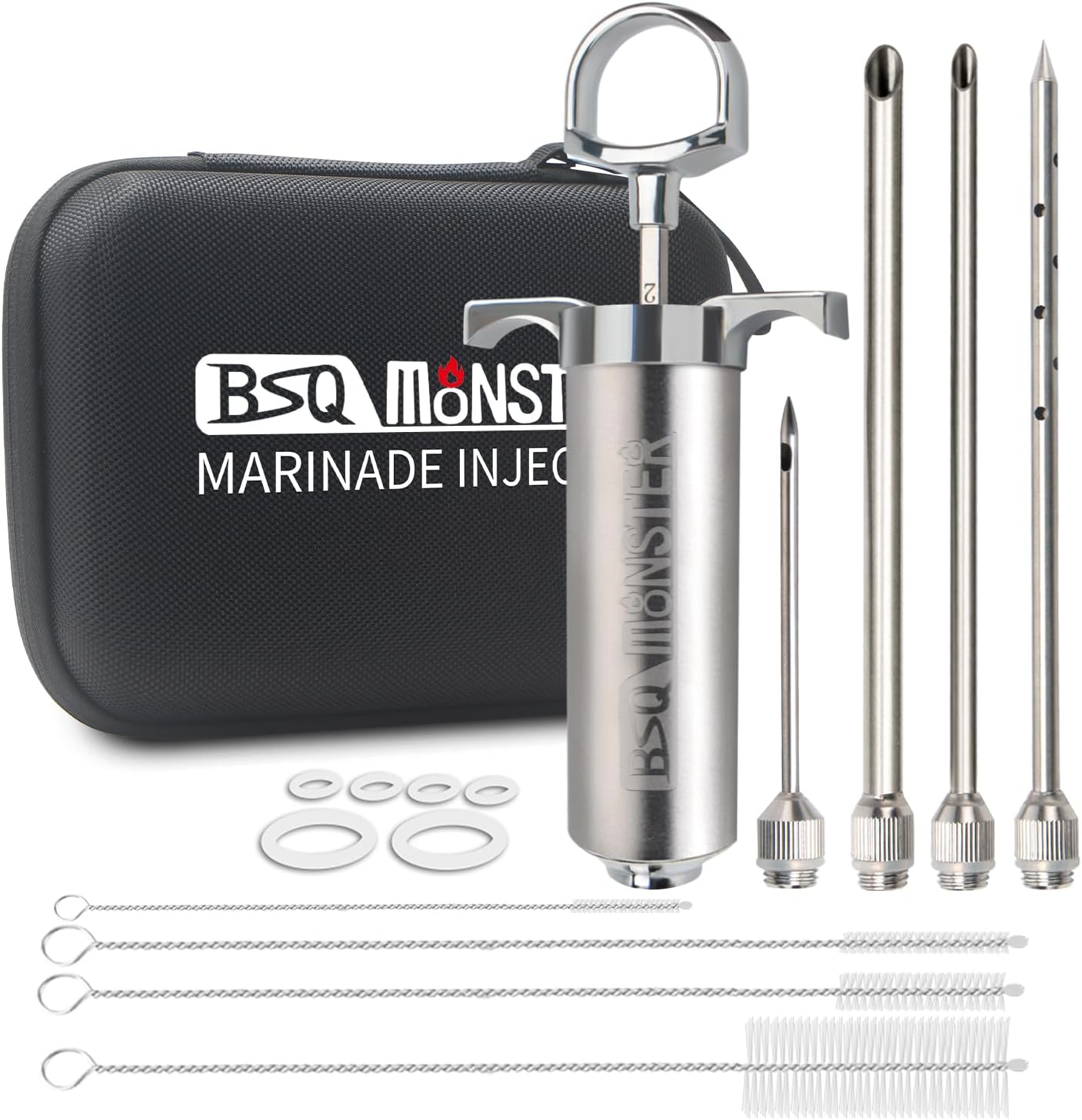 BSQ MONSTER Meat Injector Syringe Kit with 4 Professional Marinade Injector Needles and Travel Case for BBQ Grill Smoker, Turkey, Brisket; 2-oz Capacity; Paper User Manual and E-Book (PDF)