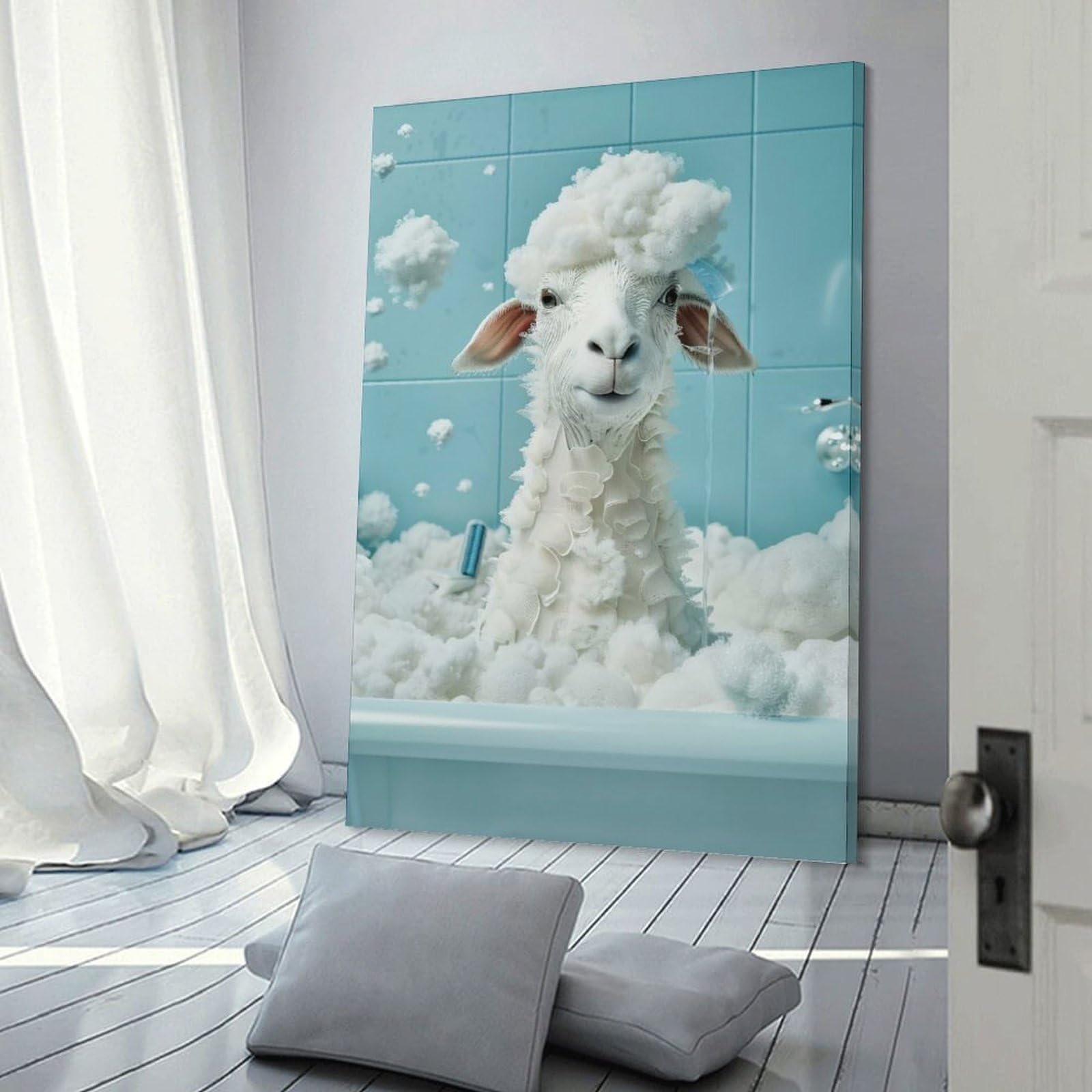Junmoney Sheep in A Bubble Bath Wall Picture Print, 20x30inch(50x75cm), for Apartment Walls, Studios Or Work Areas, Stylish Wall Art for Fresh Spaces