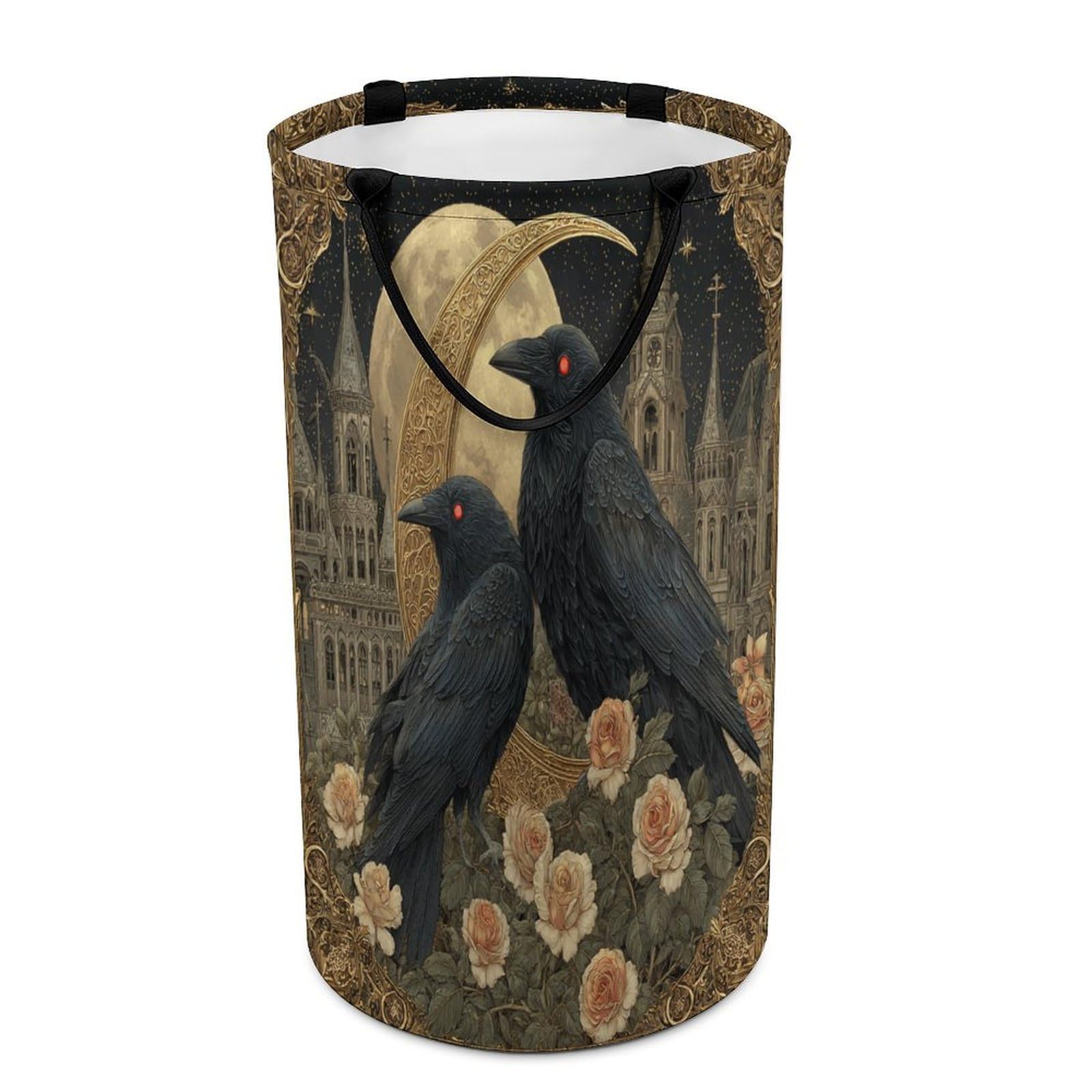 LUYYSKY Classic Gothic Animal Crow Collapsible Dirty Clothes Basket, Retro Oil Painting Full Moon Starry Sky Galaxy Castle Roses Flowers Portable Clothes Storage Laundry Basket-40 CM Dia, 69 CM High